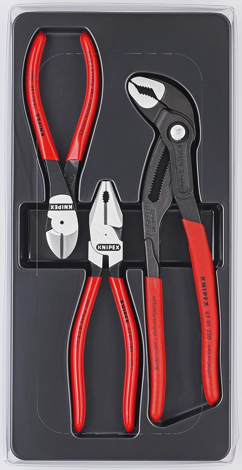 Ein Knipex Werkzeugset mit drei Zangen in einer Kunststoffverpackung.