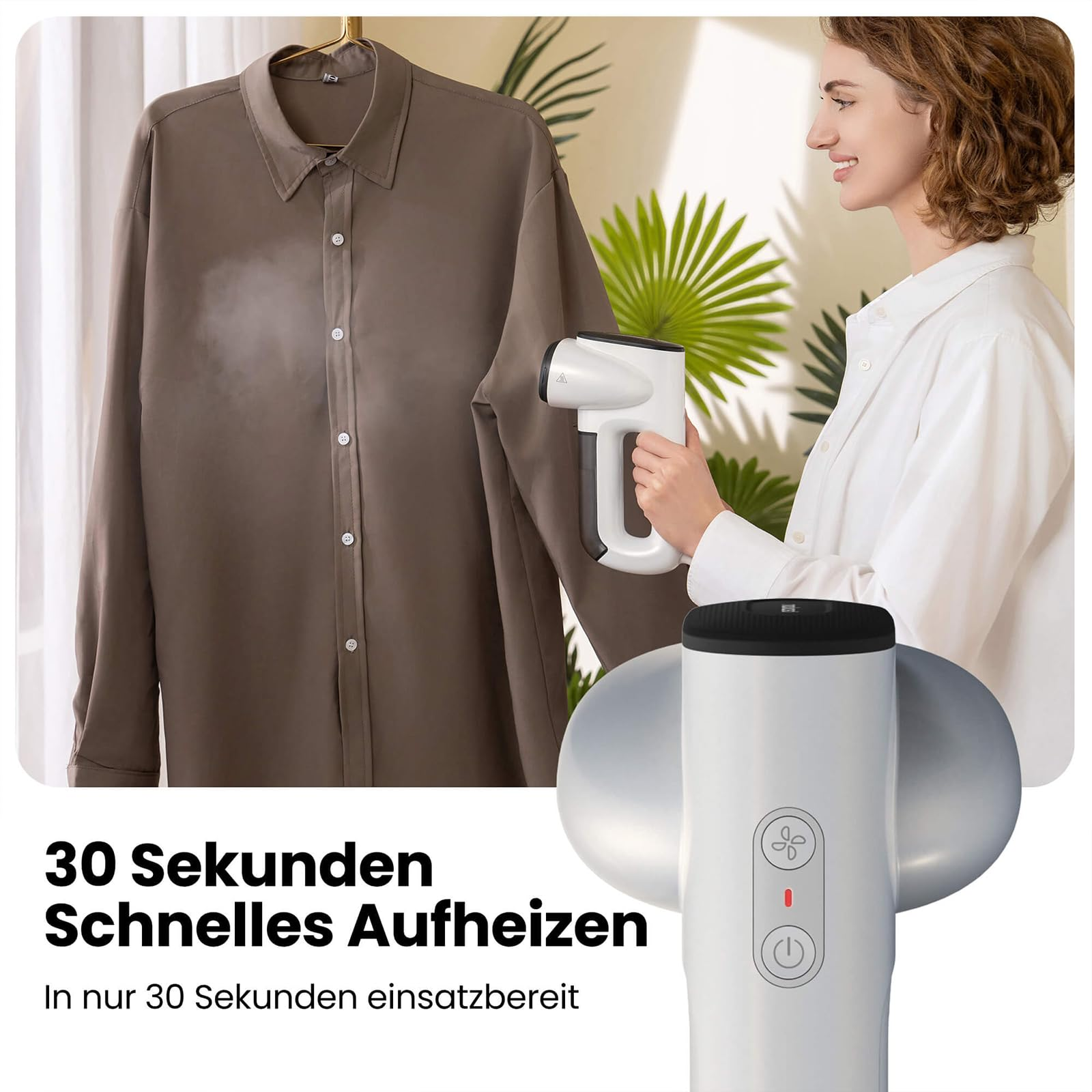 Une femme repasse une chemise marron avec un cuiseur vapeur blanc. Un cuiseur vapeur est au premier plan.