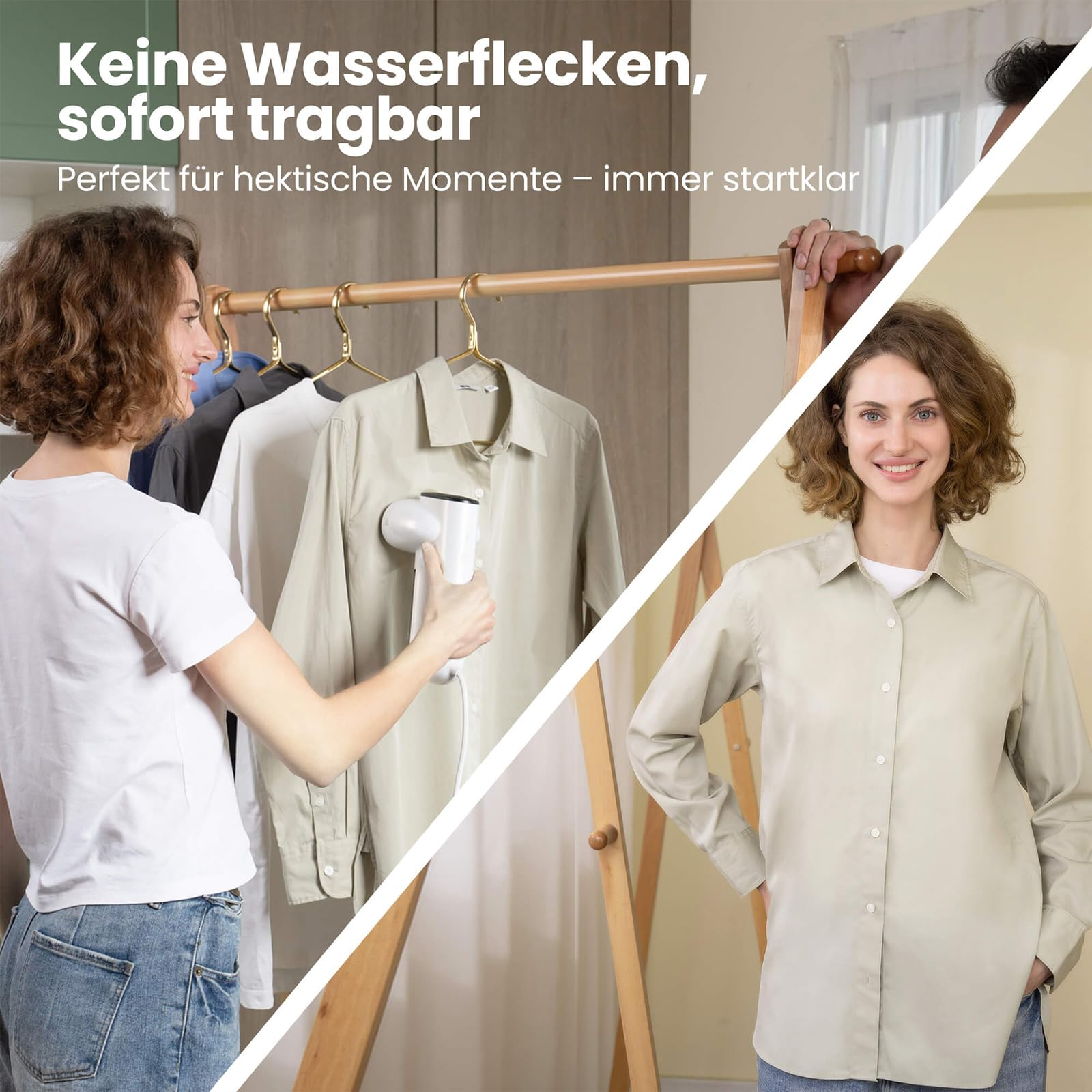 Une femme défroisse une chemise avec un cuiseur vapeur, puis sourit en chemise impeccable.