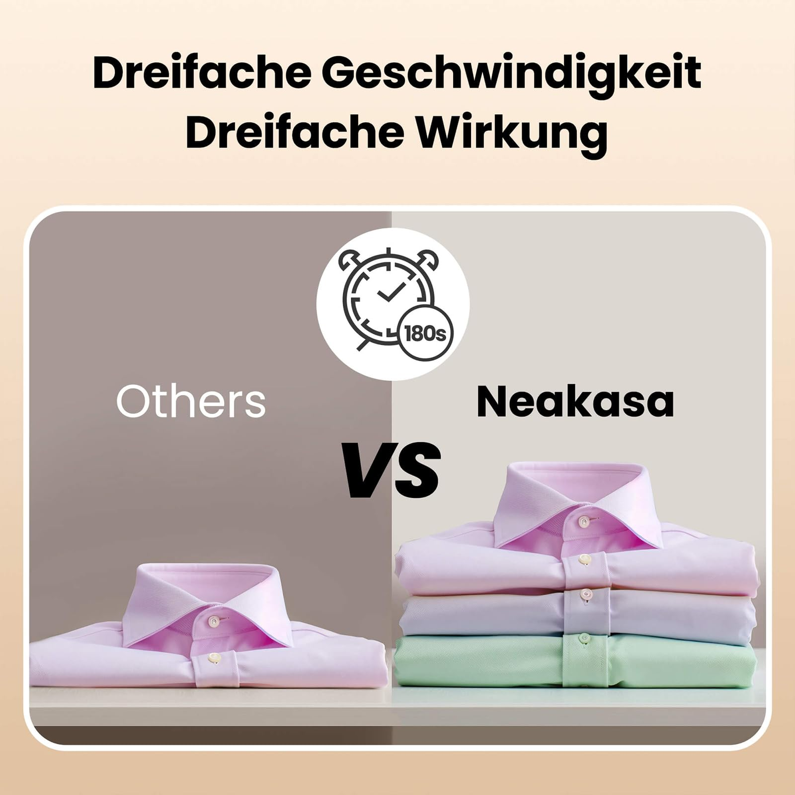 Image comparative : une seule chemise à gauche contre trois chemises pliées à droite par Neakasa.