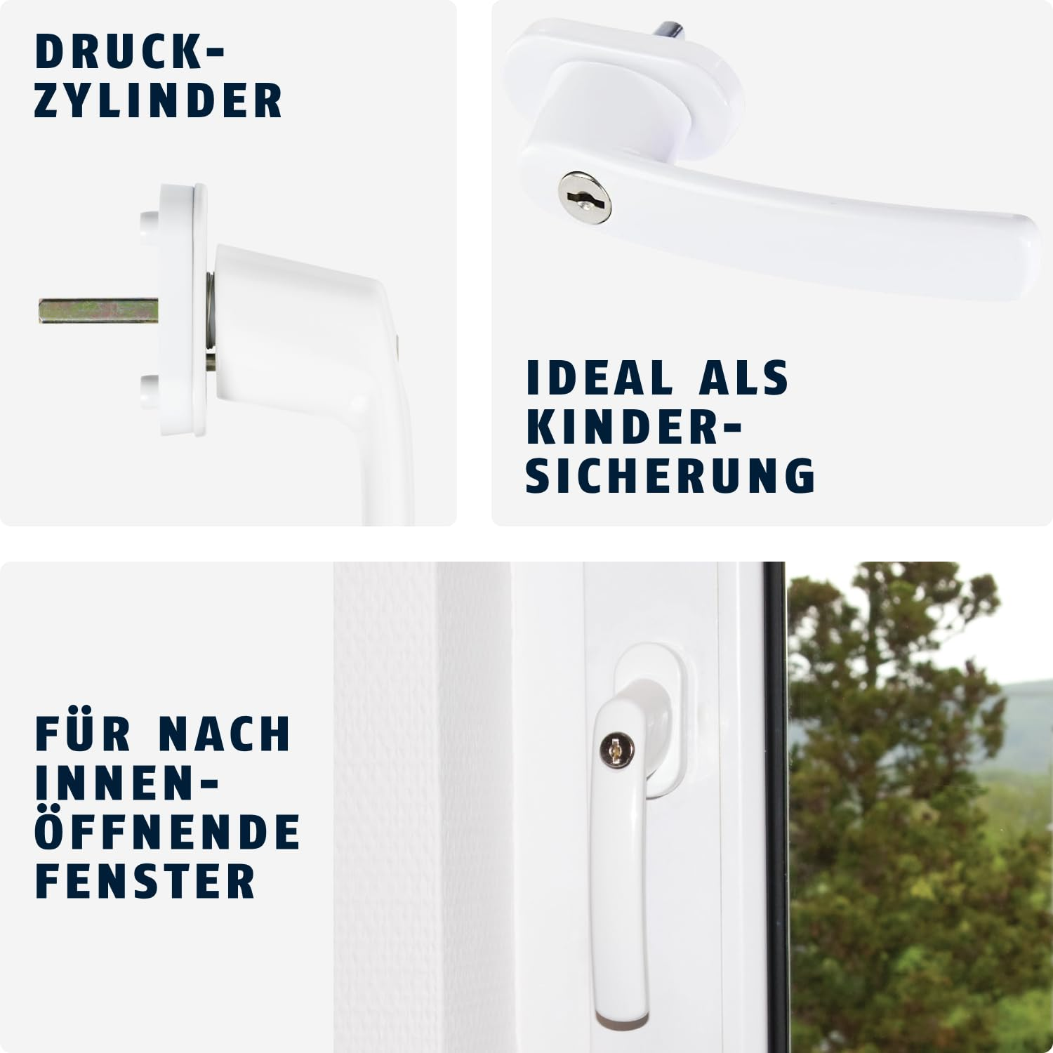 Weisser abschliessbarer Fenstergriff mit Druckzylinder, ideal als Kindersicherung für innen offene Fenster.