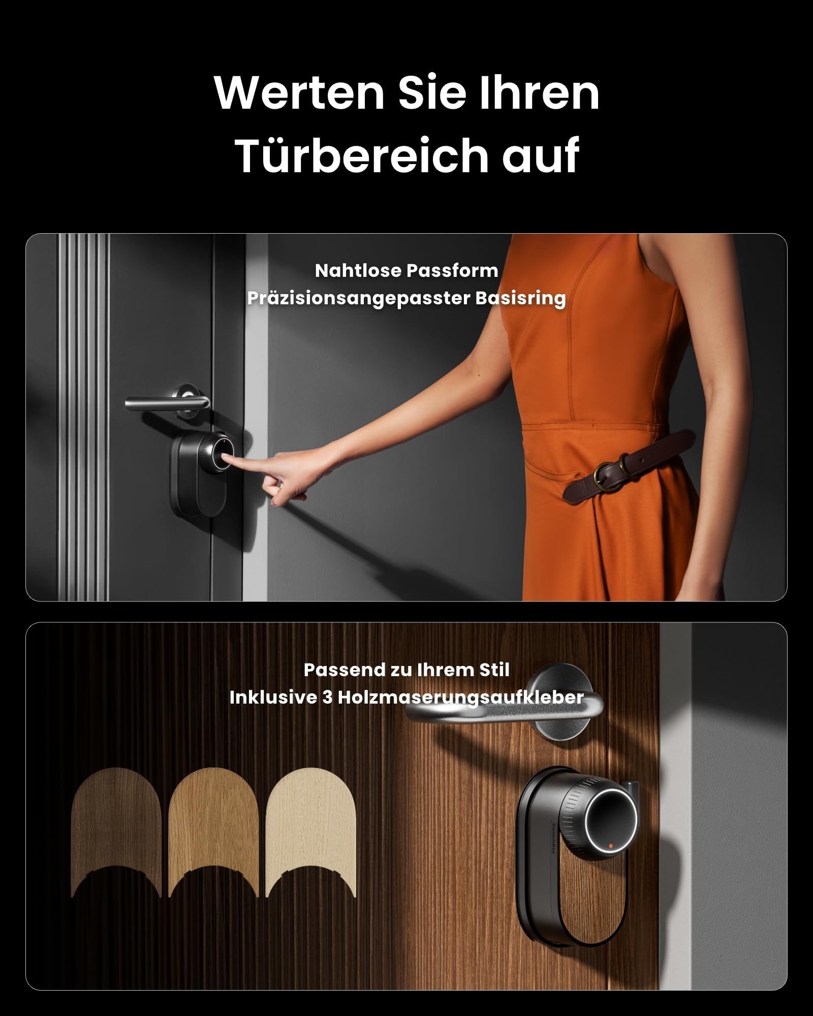 Eine Hand berührt ein modernes intelligentes Schloss an einer grauen Tür mit Aufklebern.