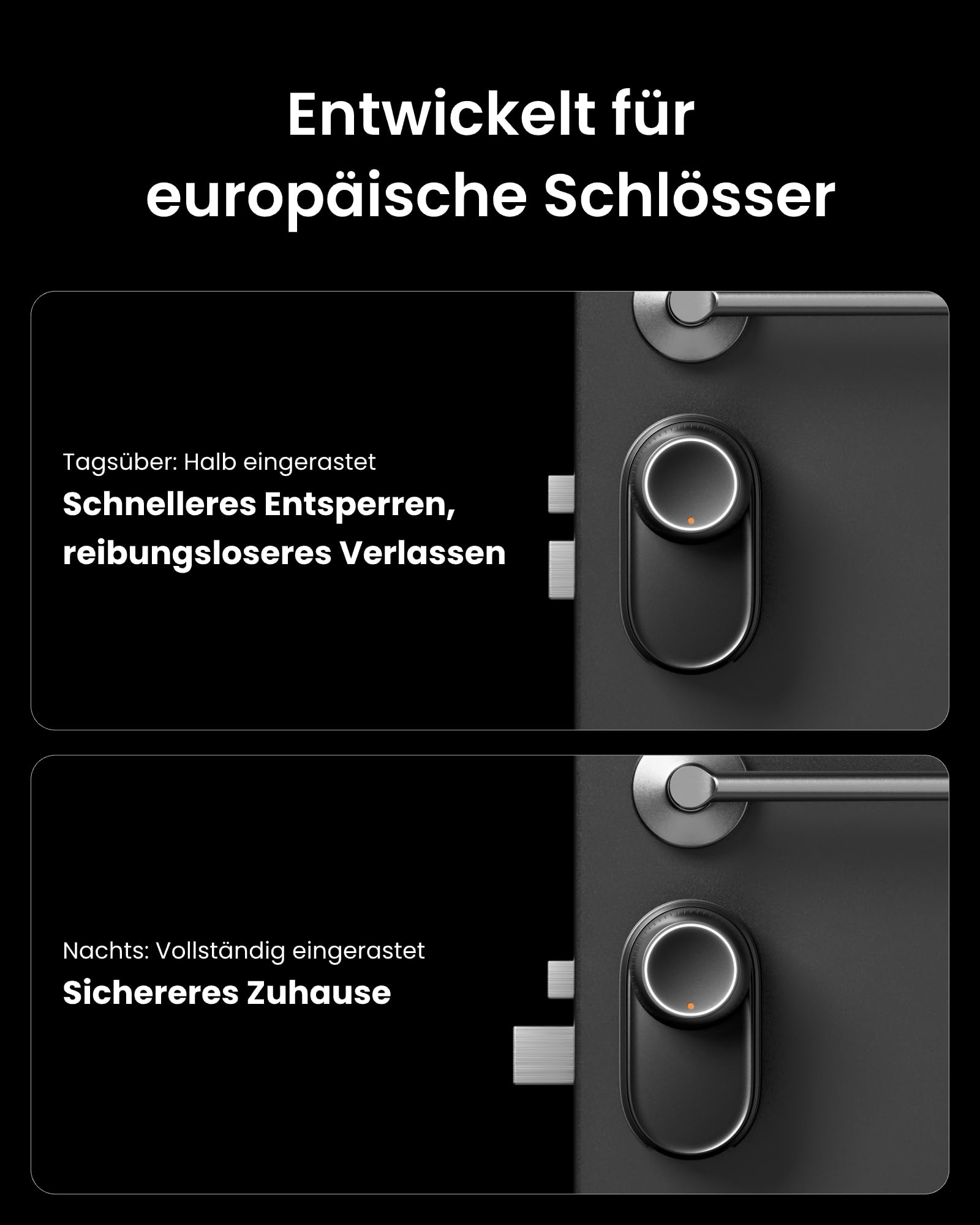 Vergleich der Türverriegelung bei Tag mit halbem Riegel und bei Nacht mit vollständig eingerastetem Riegel.