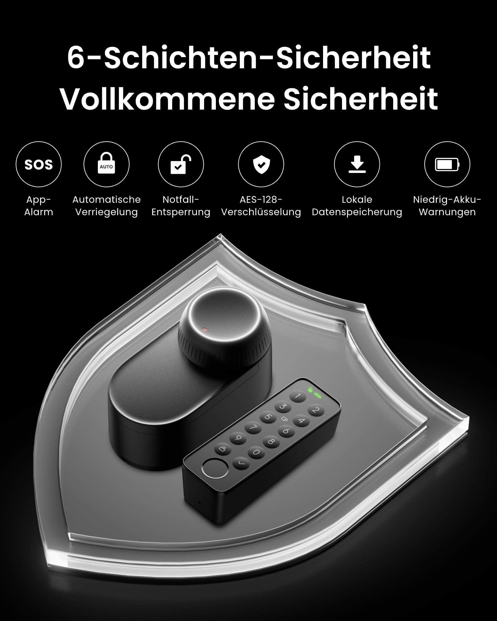 Ein Smart-Lock und ein Tastenfeld auf einem glänzenden Schild, umgeben von Sicherheitssymbolen und Text.