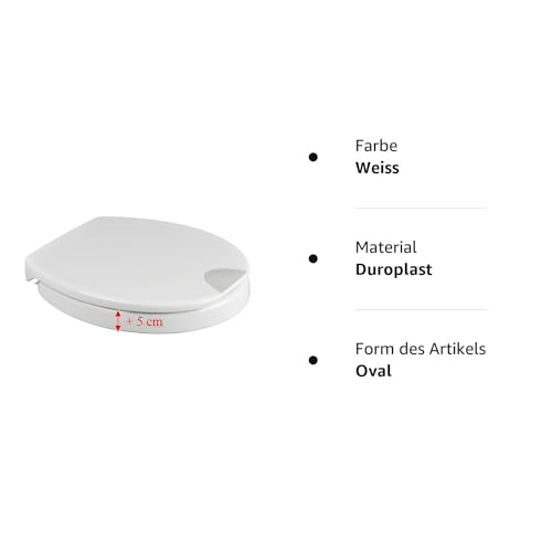 Sedile WC ovale bianco in duroplast con aumento di altezza di 5 cm e testo.