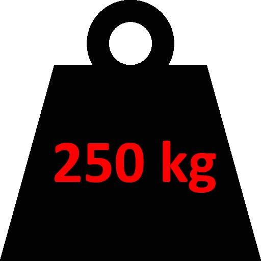 Un peso nero con un anello superiore, con il testo rosso 250 kg.