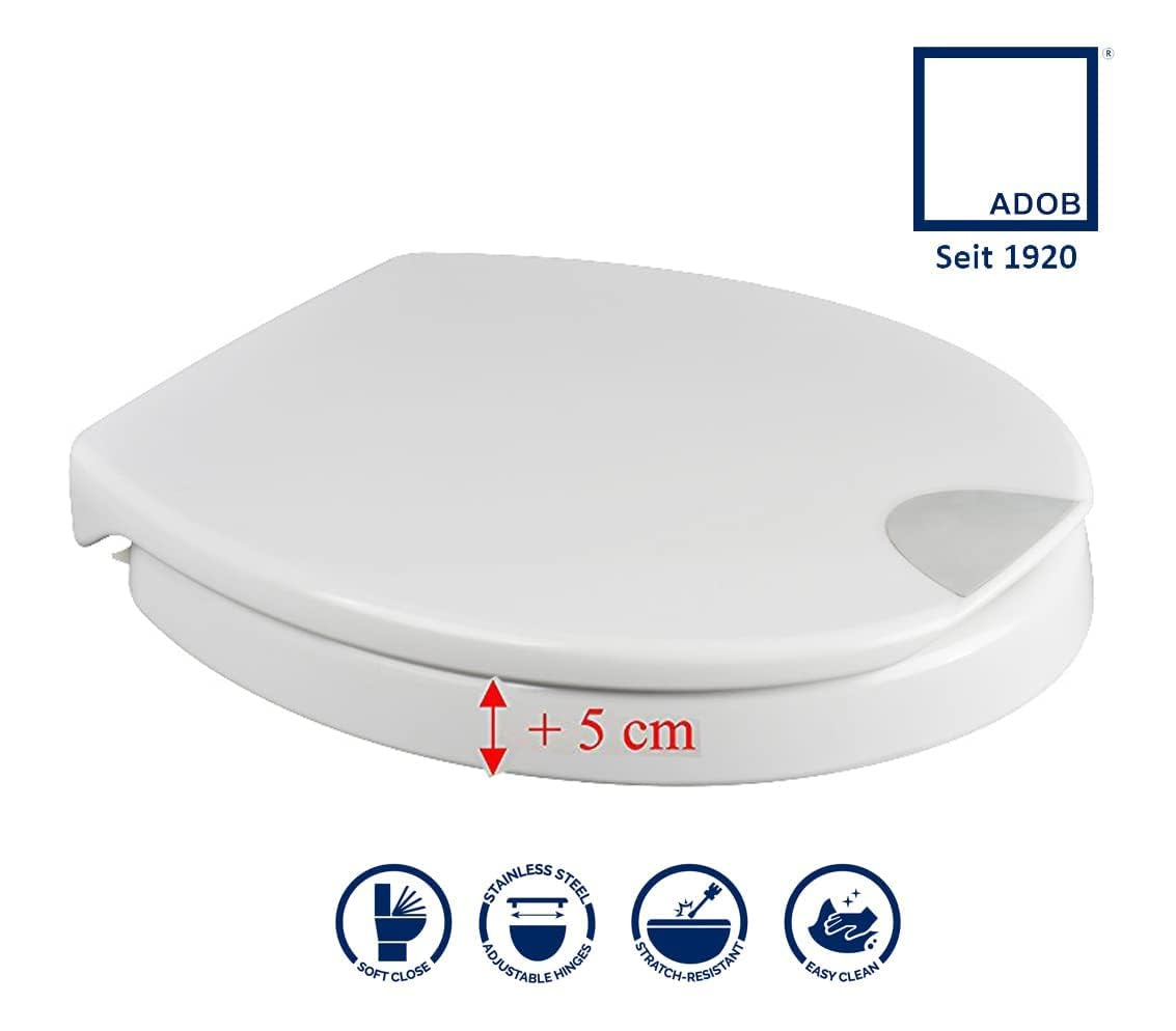 Sedile WC bianco con testo + 5 cm, logo in alto a destra e quattro icone in basso.