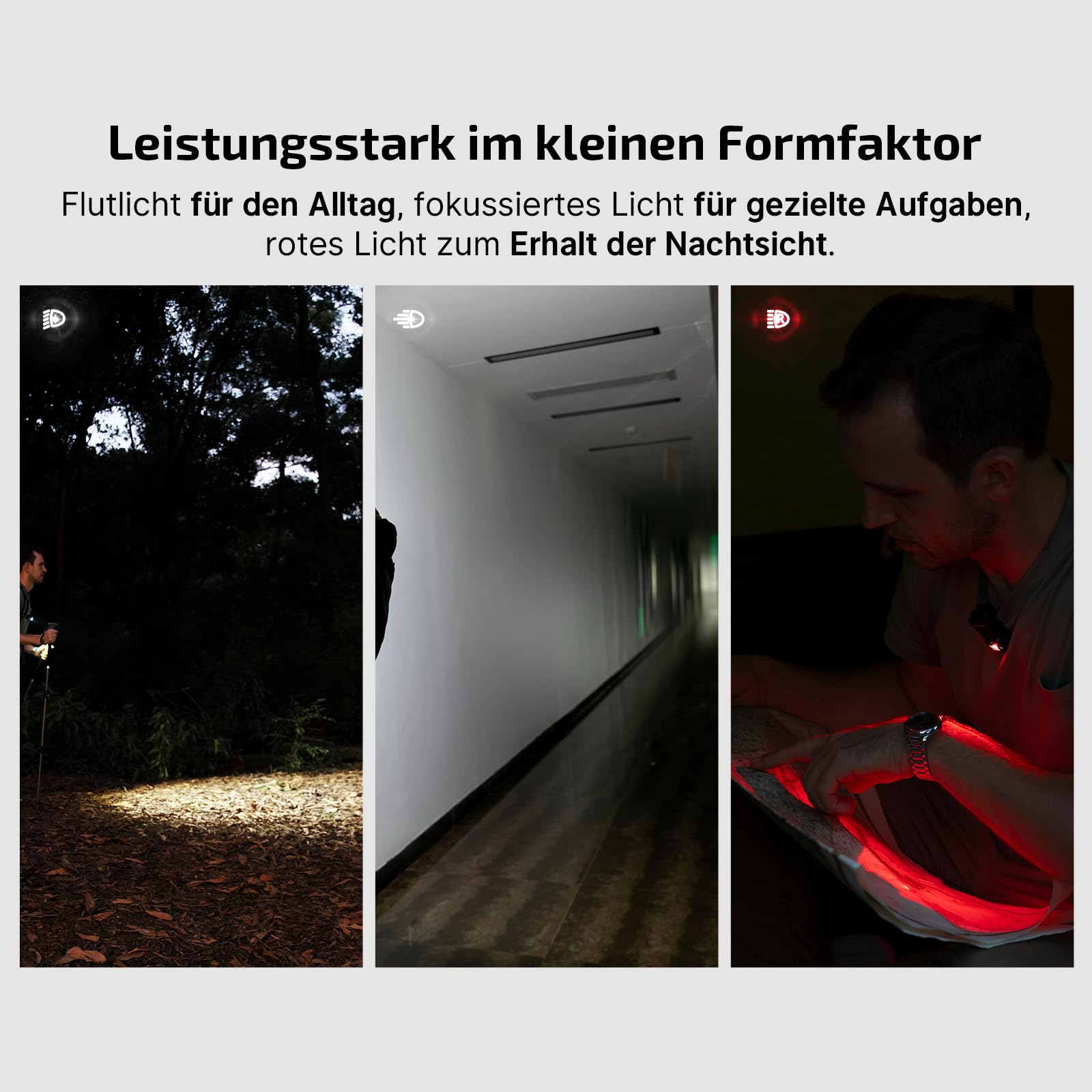 Trois panneaux montrent des modes d'éclairage : sentier forestier, couloir lumineux et homme lisant une carte à la lumière rouge.