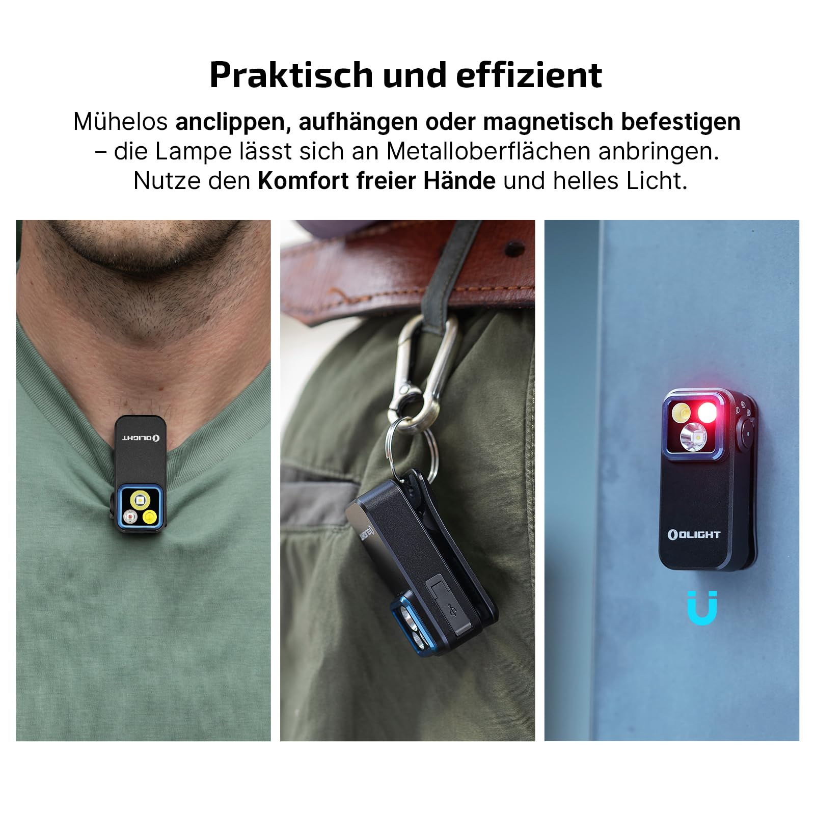 Petite lampe Olight noire fixée à une chemise, suspendue à une ceinture et aimantée sur une surface métallique.