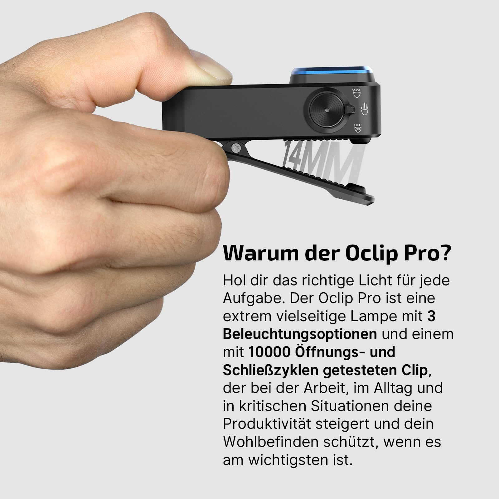 Une main tient une lampe noire Oclip Pro avec clip de 14 mm, à côté d'un texte publicitaire.