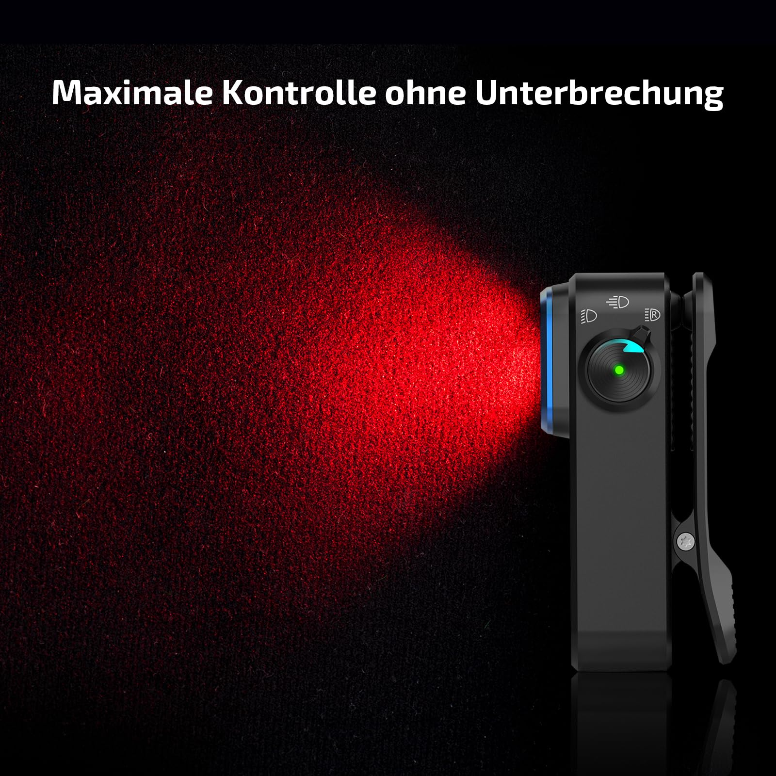 Une lampe torche noire avec un accent bleu projette un faisceau lumineux rouge sur une surface sombre.