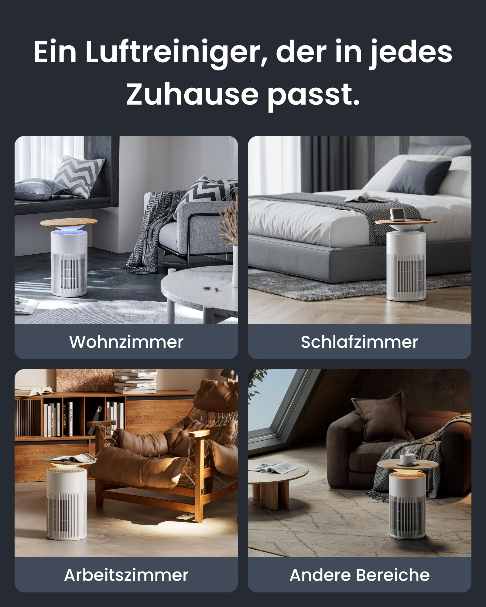 Ein weißer Luftreiniger mit Holzplatte als Tisch, gezeigt in vier verschiedenen Wohnräumen.