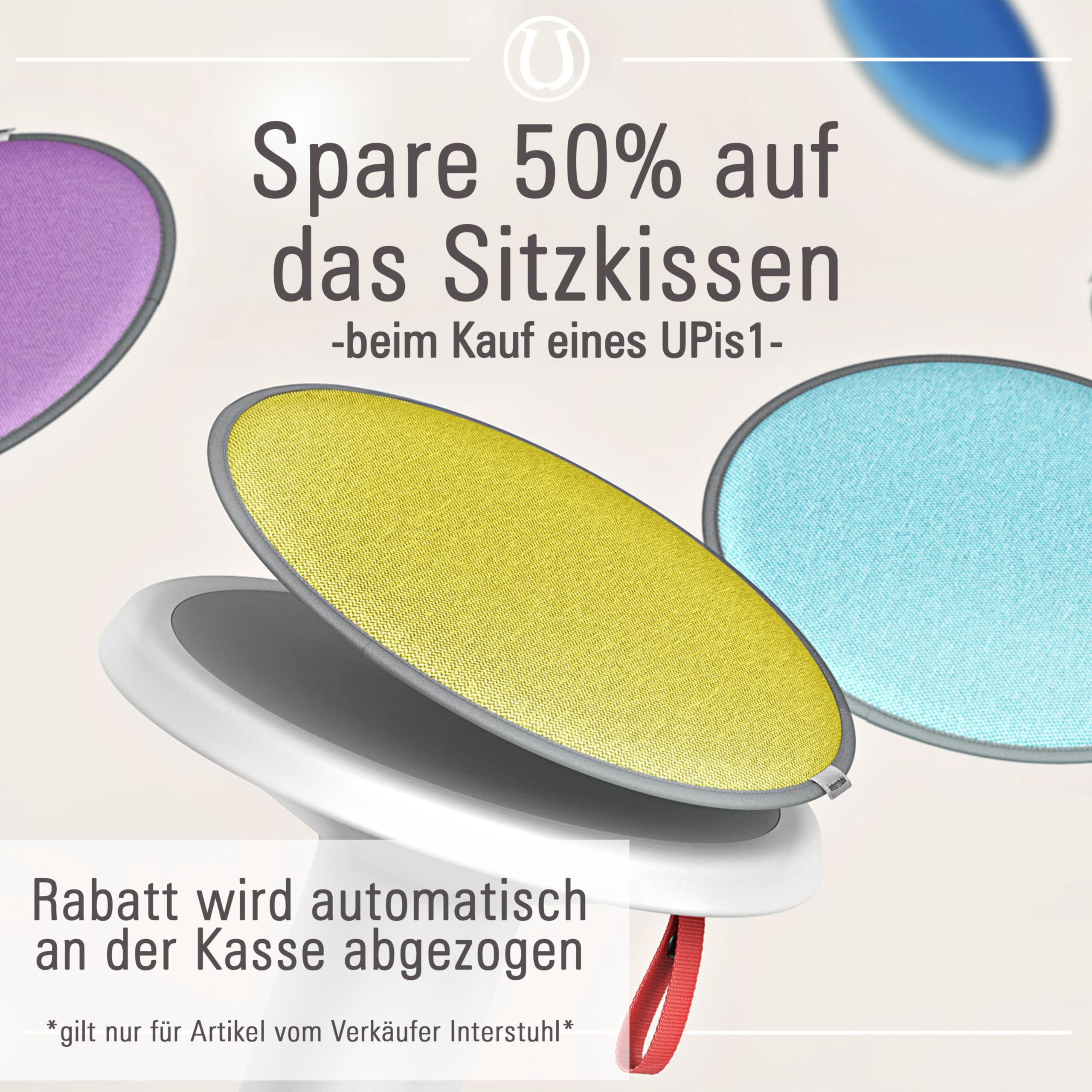 Publicité pour 50% de réduction sur les coussins avec un UPis1, avec des coussins colorés.