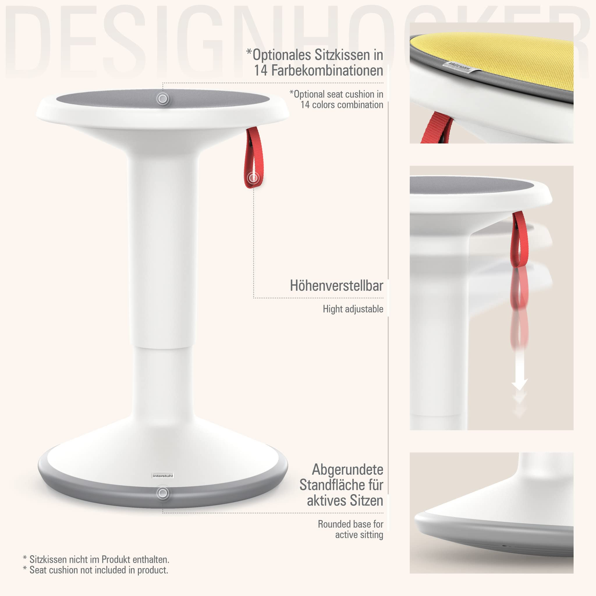 Un tabouret blanc réglable en hauteur avec sangle rouge et base arrondie pour une assise active.