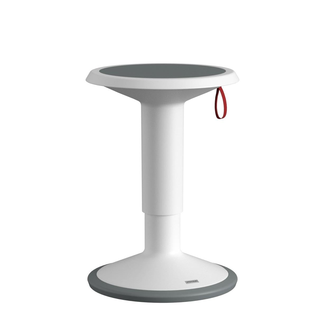 Un tabouret moderne blanc avec une assise ronde grise et une sangle rouge, isolé sur fond blanc.
