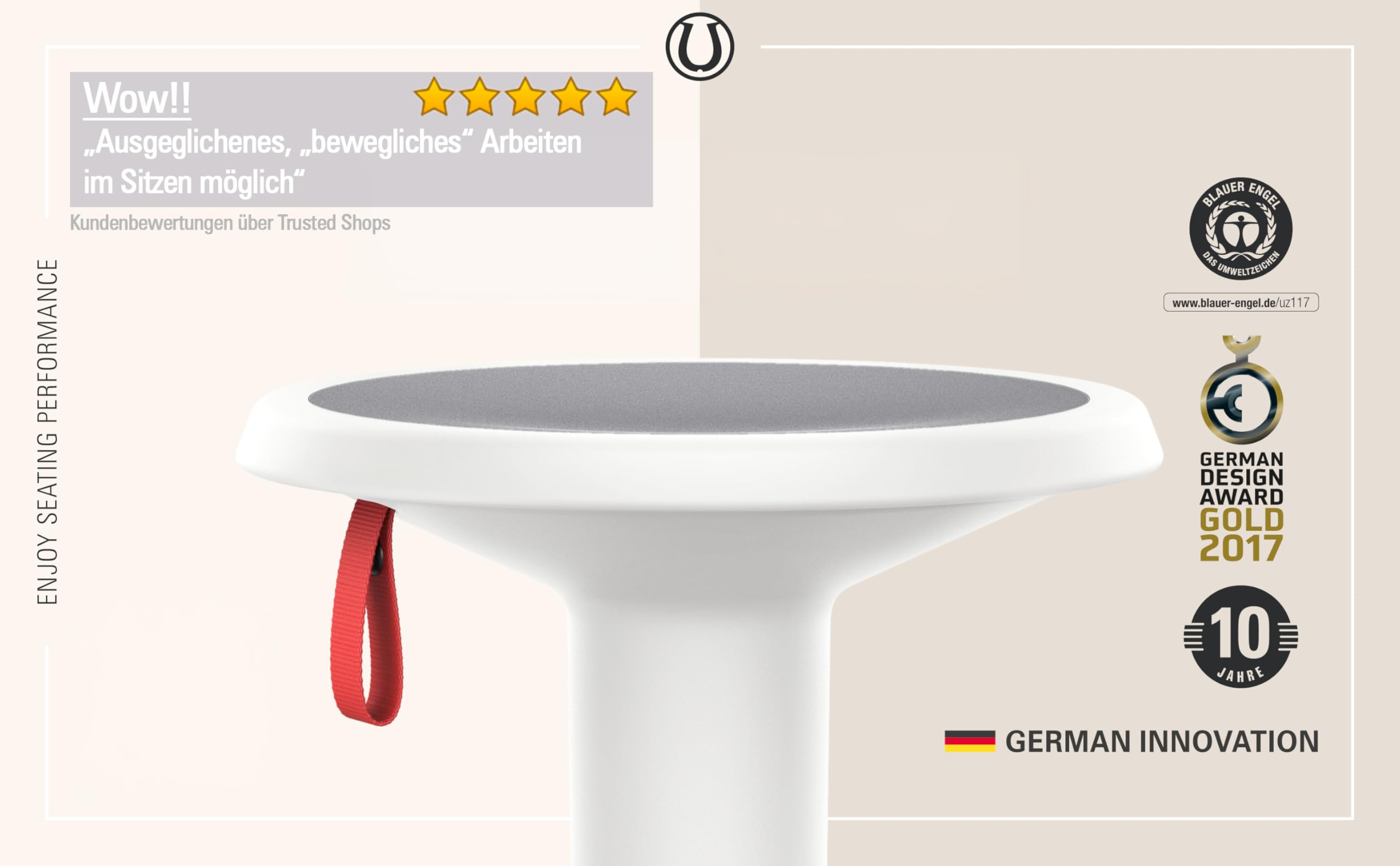 Tabouret haut blanc avec assise grise et boucle rouge, entouré de prix de design.