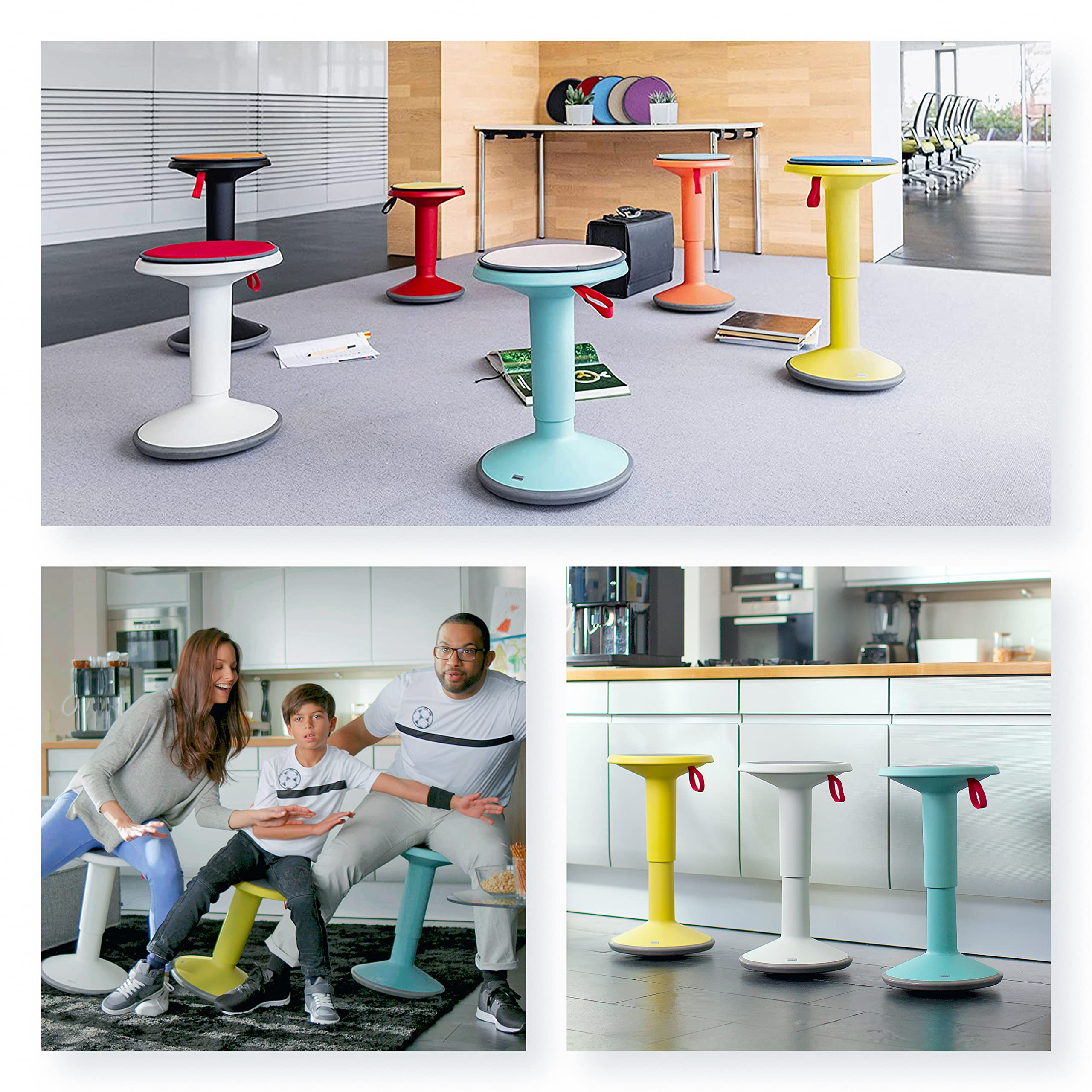 Tabourets colorés dans une pièce et famille assise dessus.