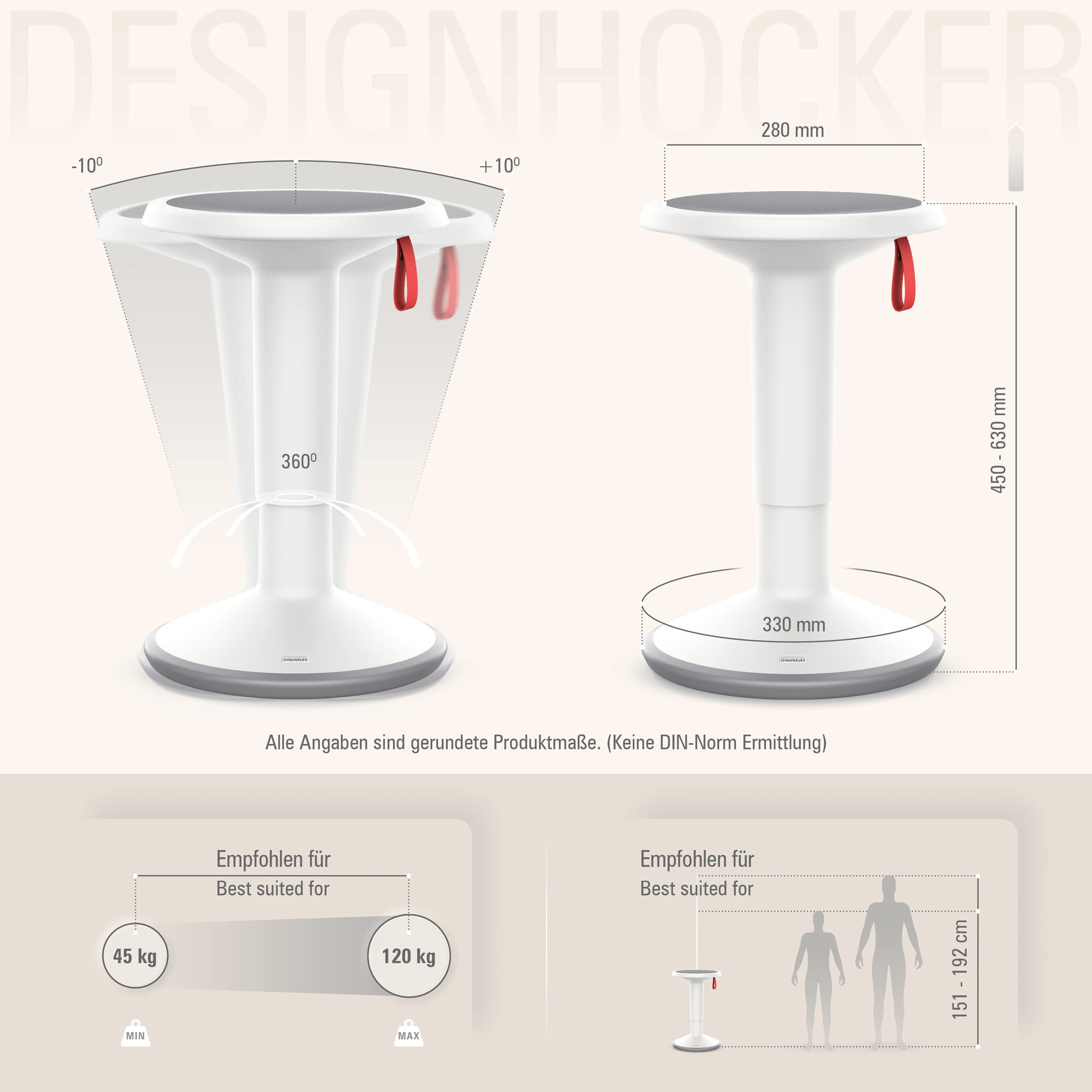 Dessin technique d'un tabouret blanc montrant dimensions, plage de poids et taille recommandée.