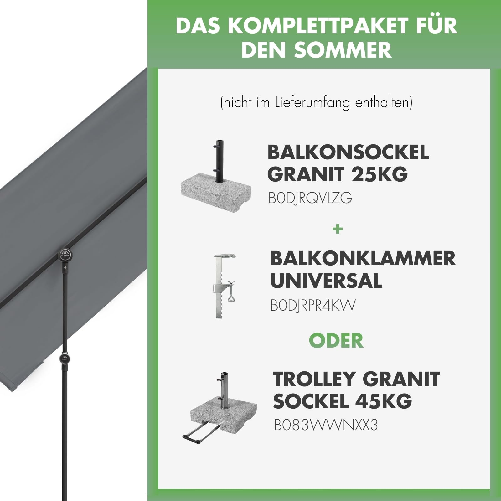 Grafik zeigt Zubehöroptionen wie Granitsockel und Balkonklammer für den Sonnenschirm.