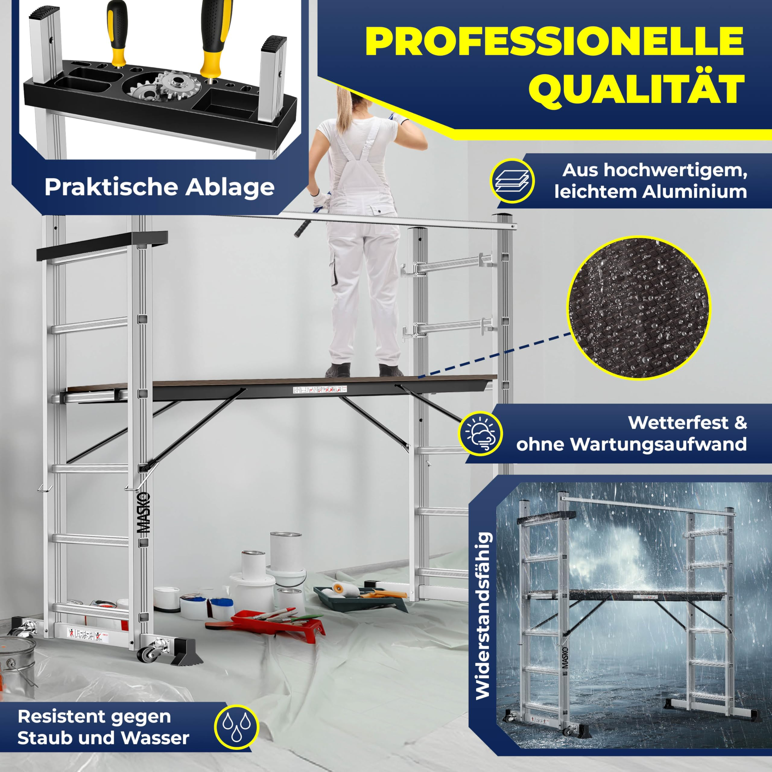 Aluminium-Arbeitsgerüst mit Ablage, wetterfest und leicht, ideal für Renovierungen.