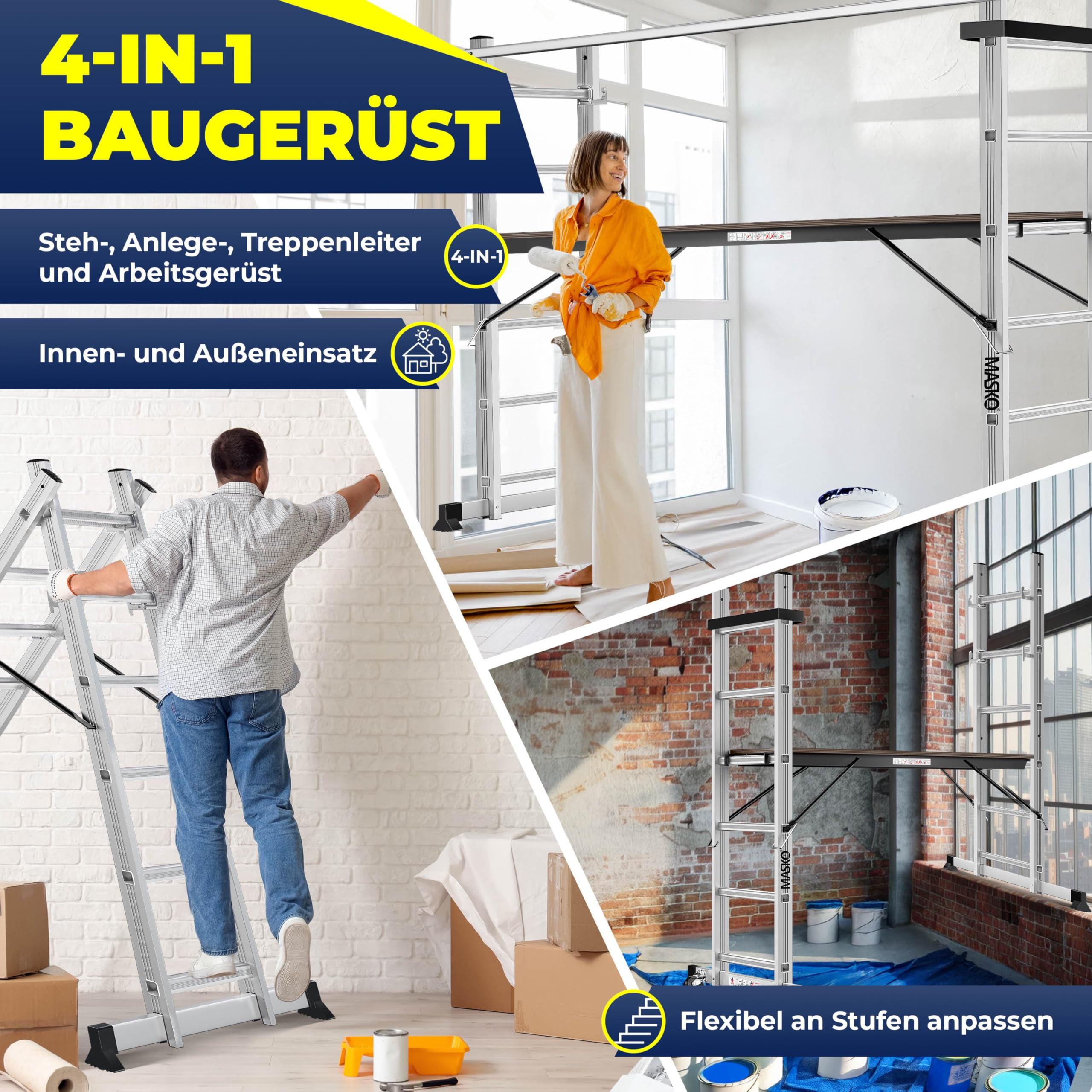 Ein Werbebild zeigt ein vielseitiges 4-in-1-Baugerüst und eine Leiter in verschiedenen Anwendungsszenarien.