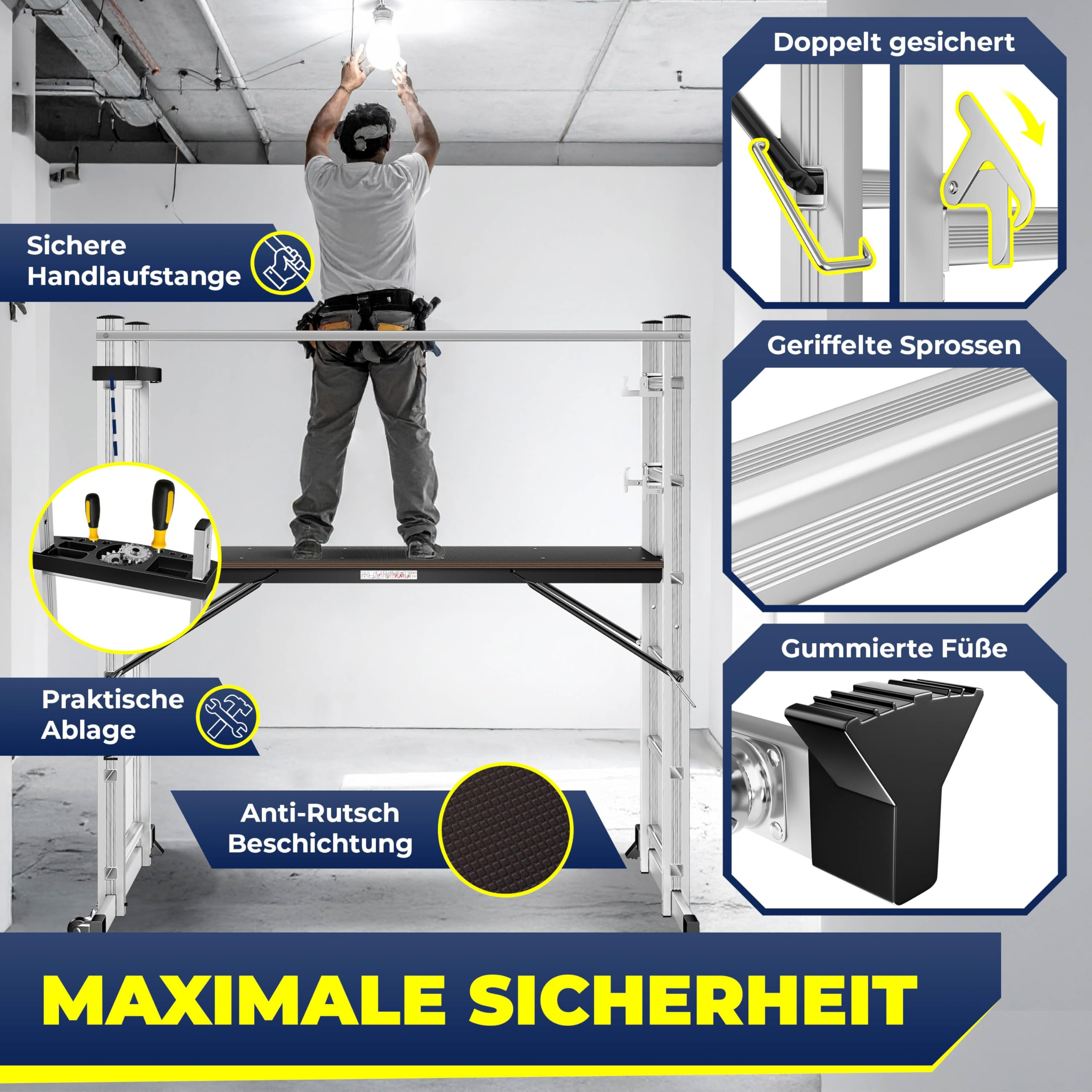 Ein Arbeiter steht auf einem Montagegerüst und wechselt eine Glühbirne, mit Detailansichten der Sicherheitsmerkmale.
