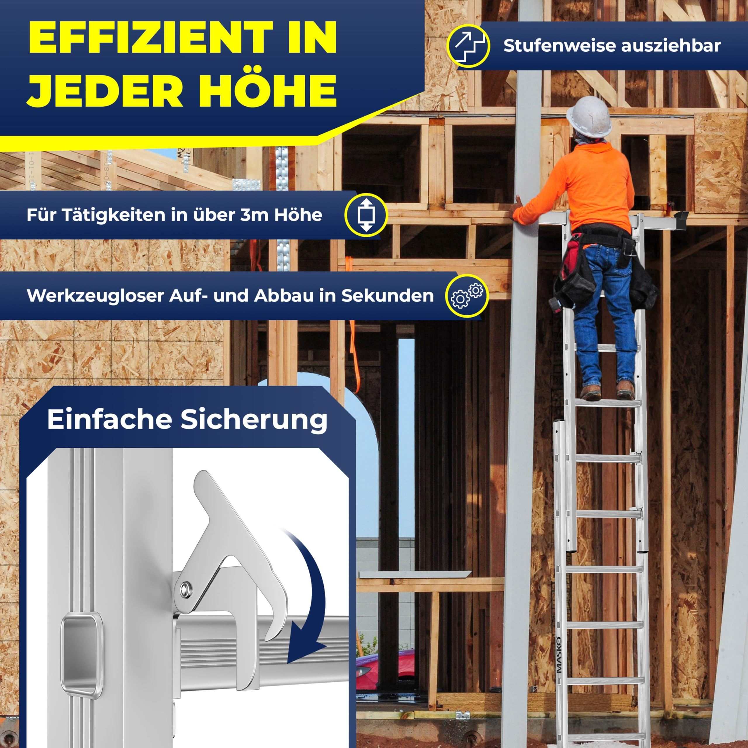 Ein Arbeiter steht auf einer Aluleiter an einer Holzbaustelle. Textblöcke und ein Detail der Verriegelung.