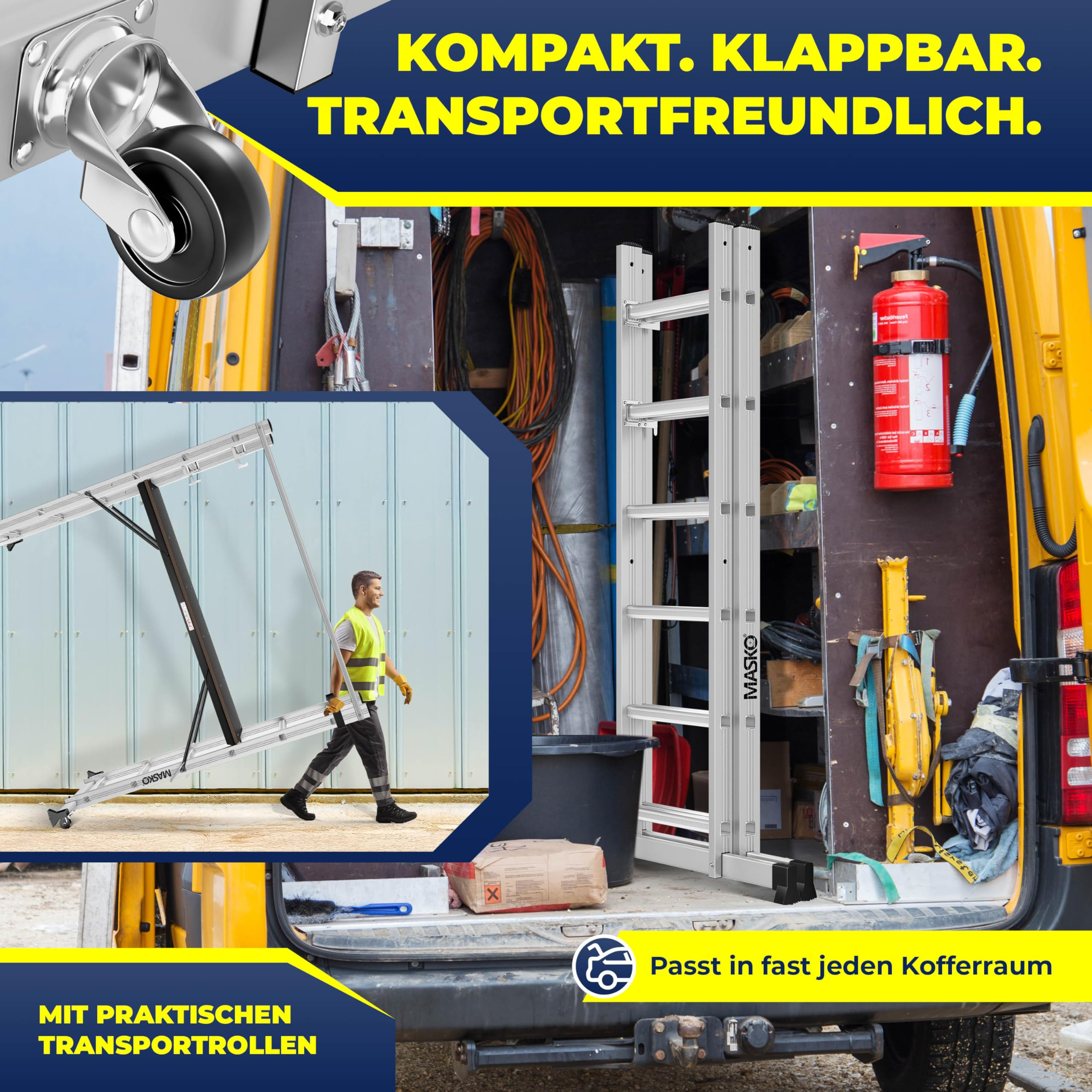 Eine kompakte Aluleiter mit Transportrollen in einem Lieferwagen und beim Transport.