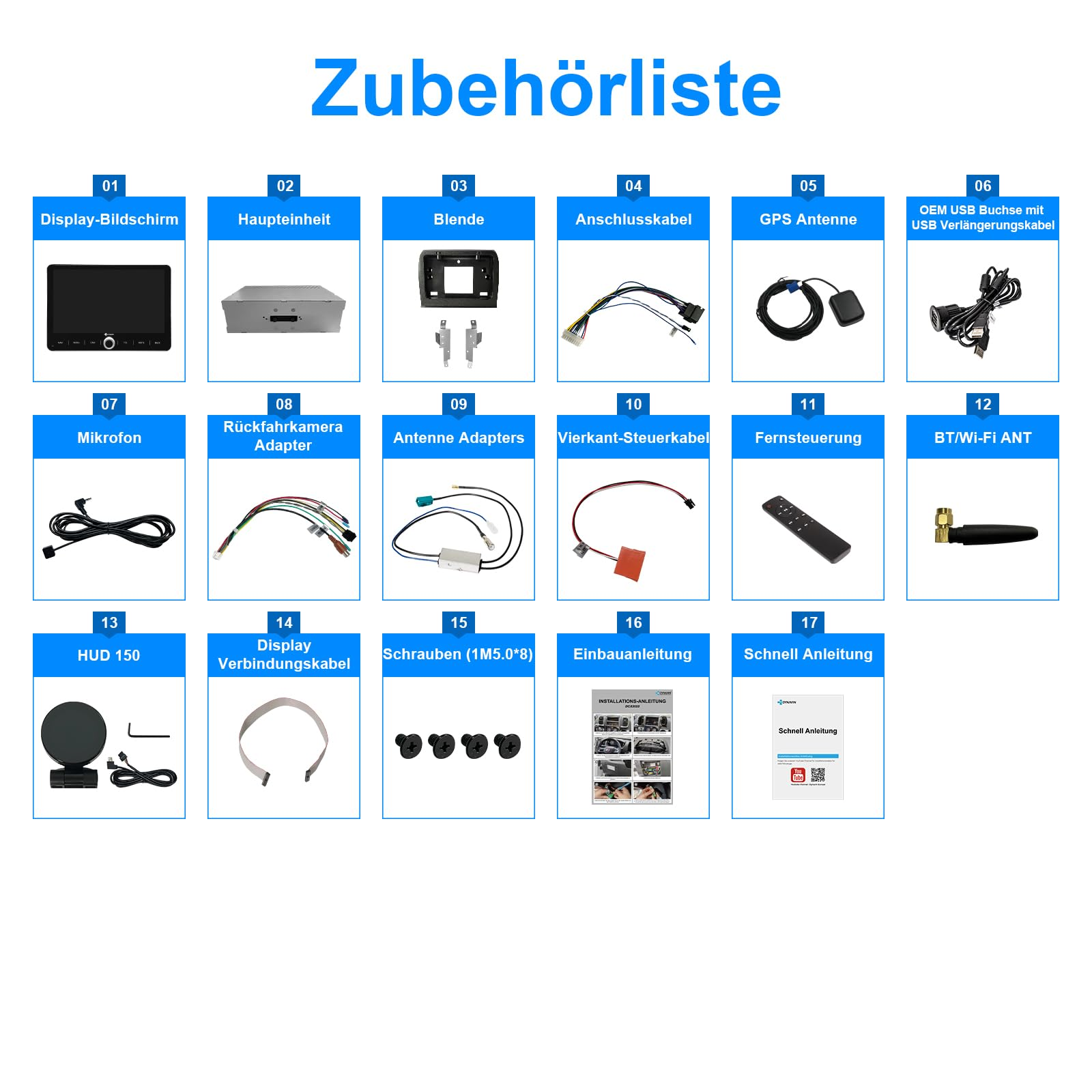 Liste d'accessoires avec pièces auto, câbles, écrans et manuels sur fond blanc.