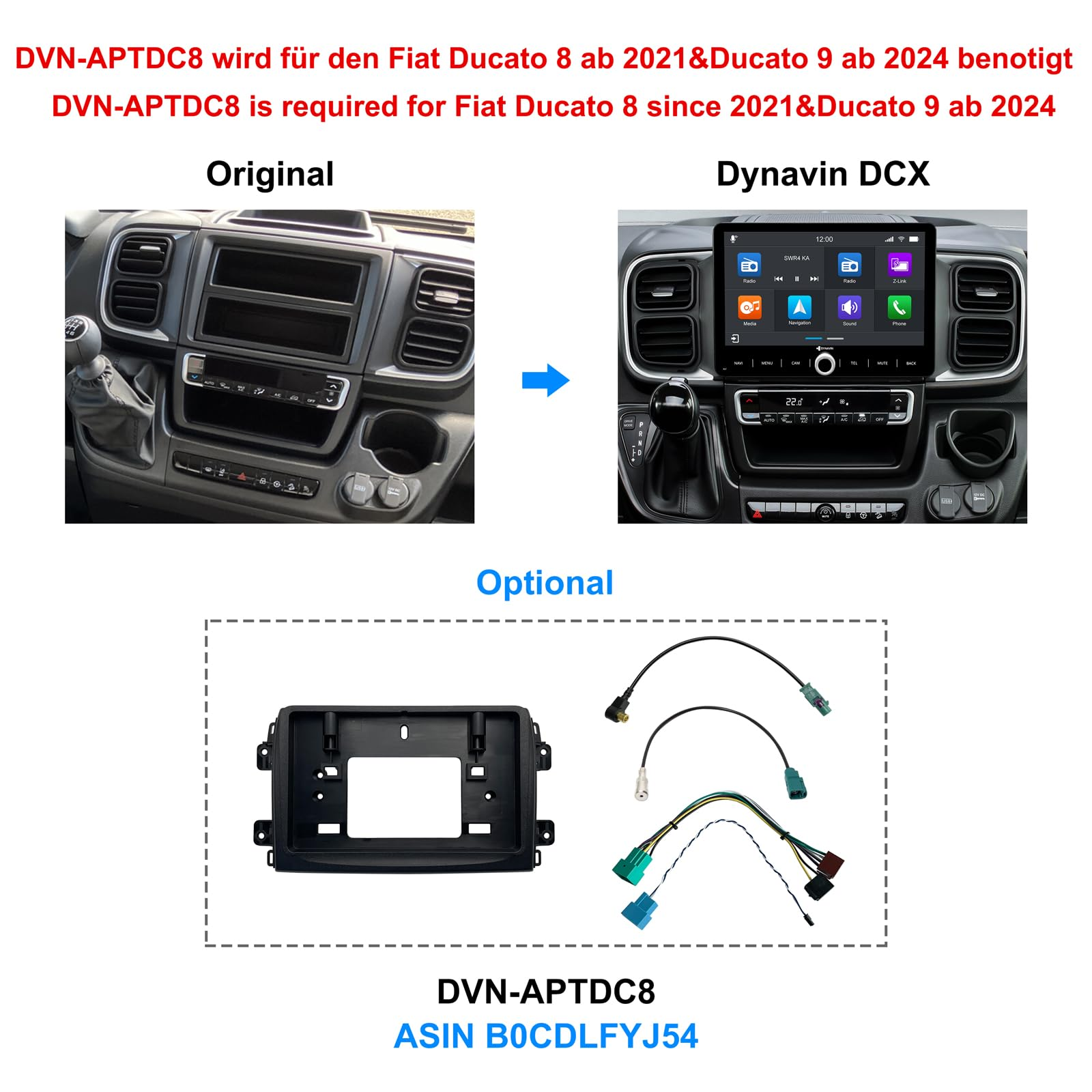 Comparaison du tableau de bord Fiat Ducato avant et après l'installation d'un écran Dynavin DCX.