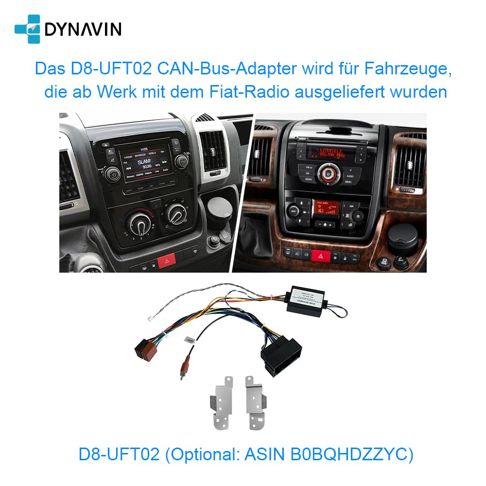 Adaptateur CAN bus Dynavin D8-UFT02 avec faisceau de câbles, supports de montage et deux tableaux de bord.
