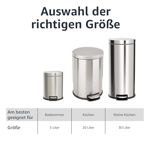Drei silberne Edelstahl-Mülleimer in verschiedenen Größen mit Text darüber und einer Größentabelle darunter.