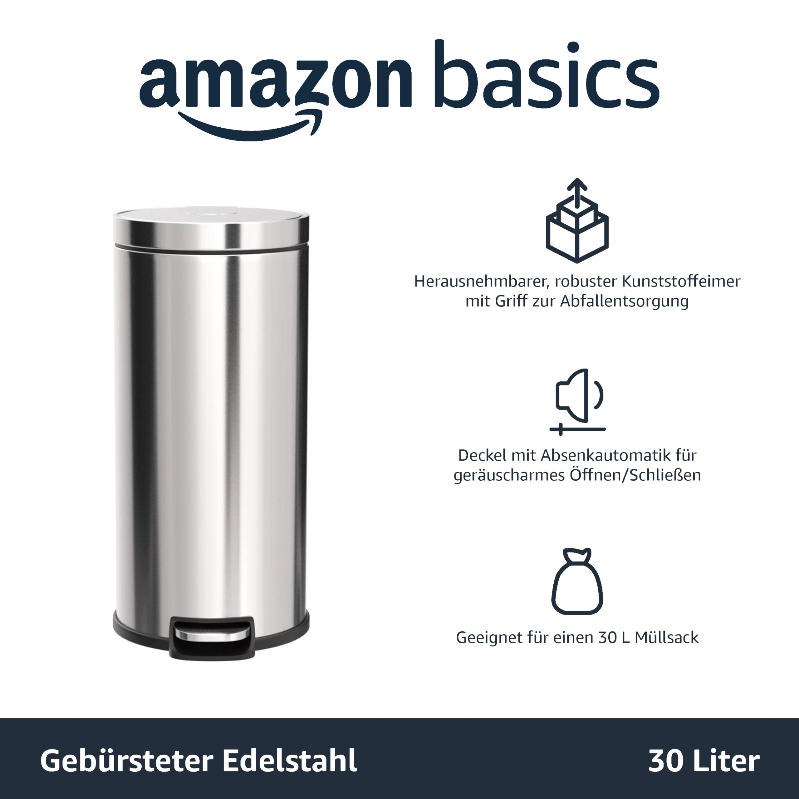 Edelstahl-Treteimer mit 30 Litern, leisem Deckel und herausnehmbarem Eimer.