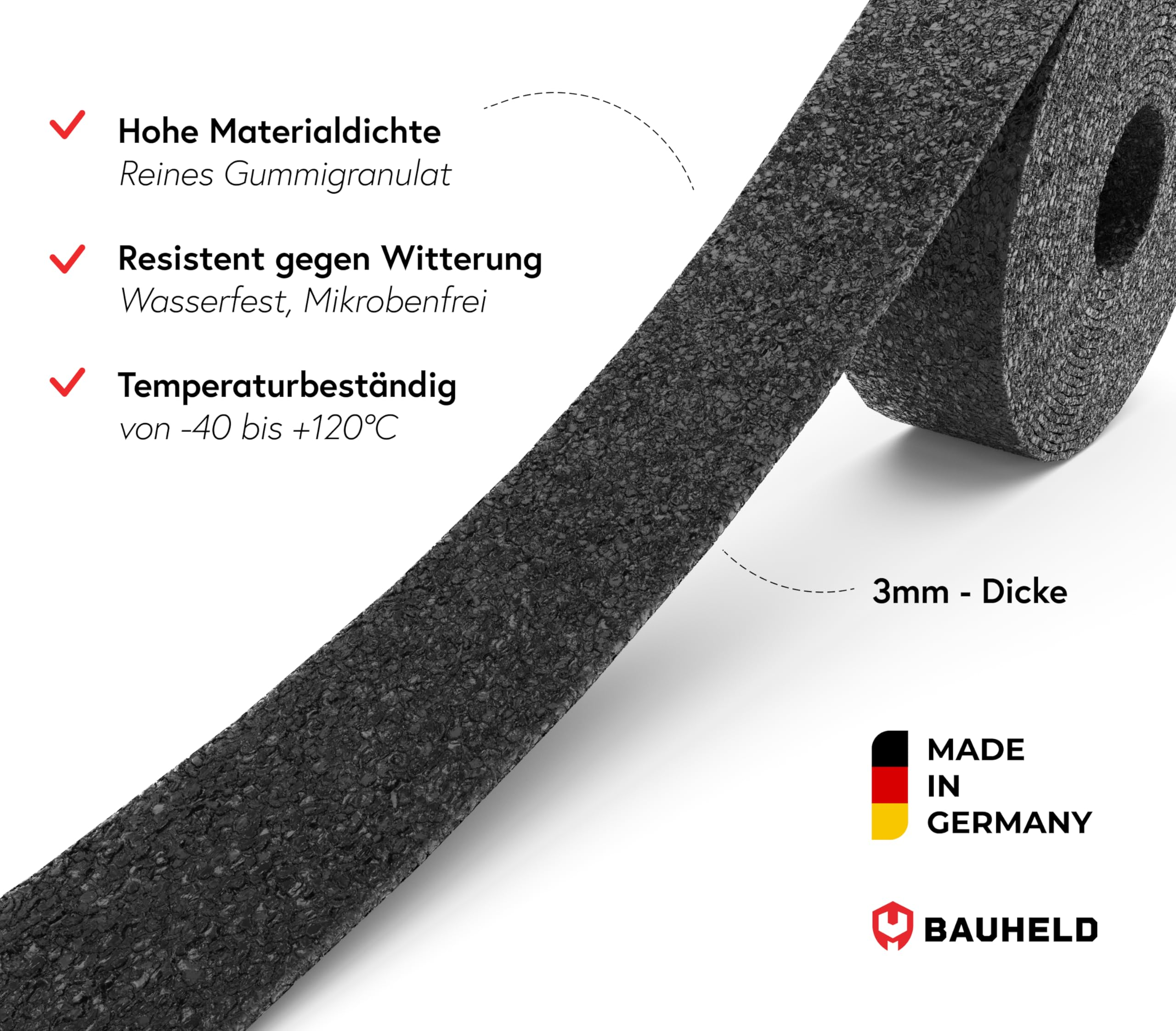 Un rouleau de granulés de caoutchouc noir avec du texte et des caractéristiques de produit en allemand sur fond blanc.