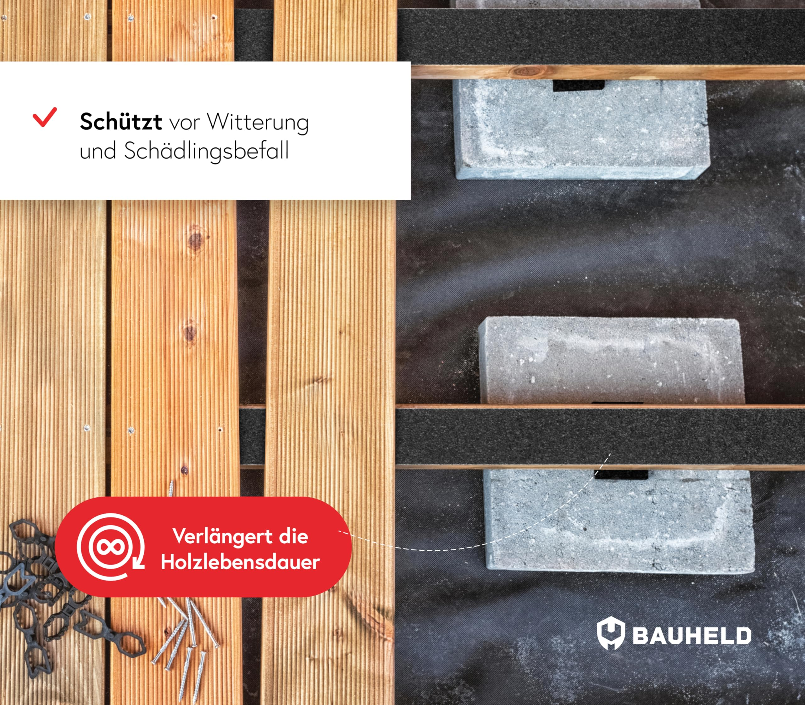 Construction de terrasse avec des planches en bois sur lambourdes, parpaings et bande.