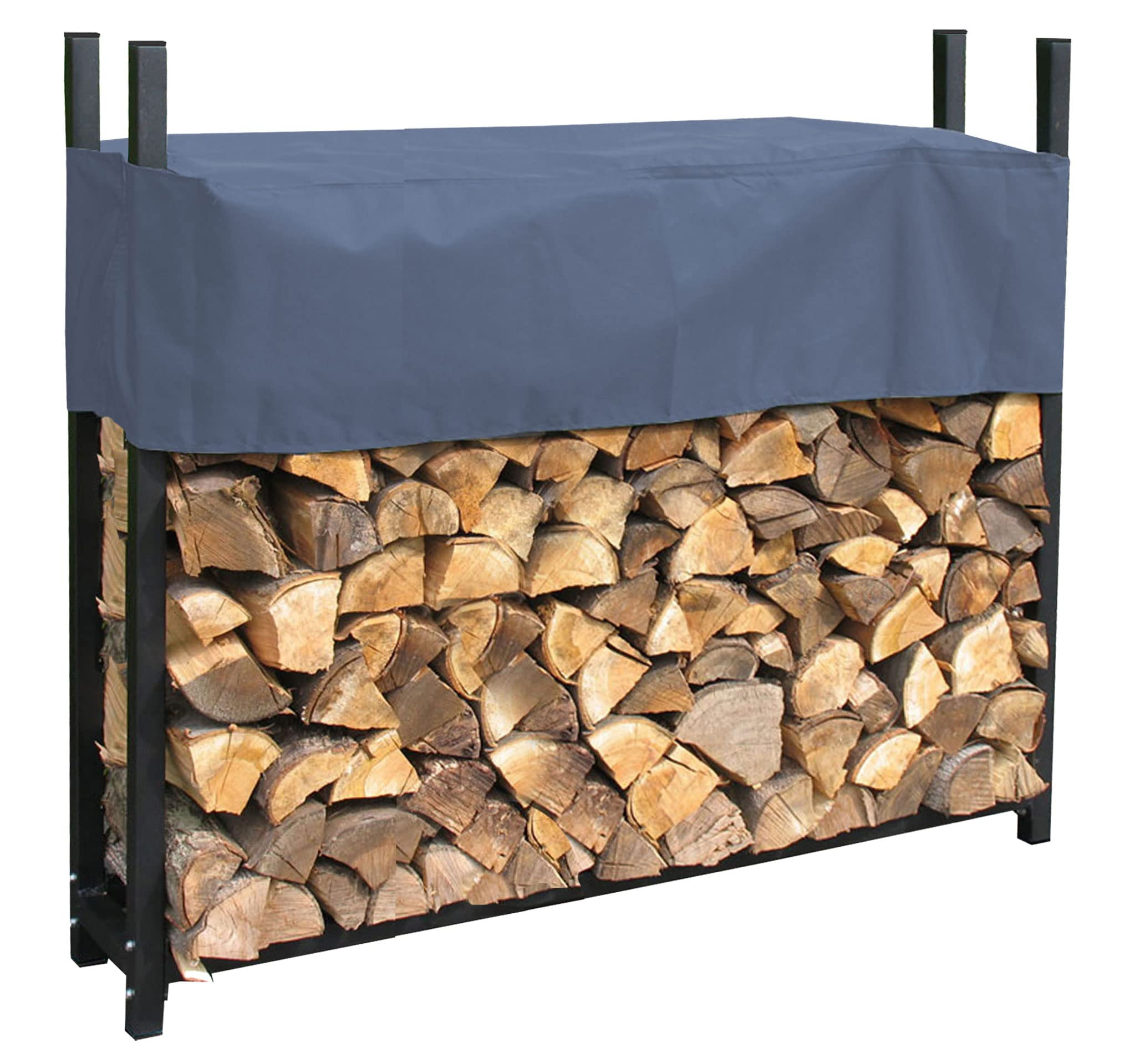 Pile de bois de chauffage fendu dans un support en métal noir, recouverte d'une bâche de protection grise.