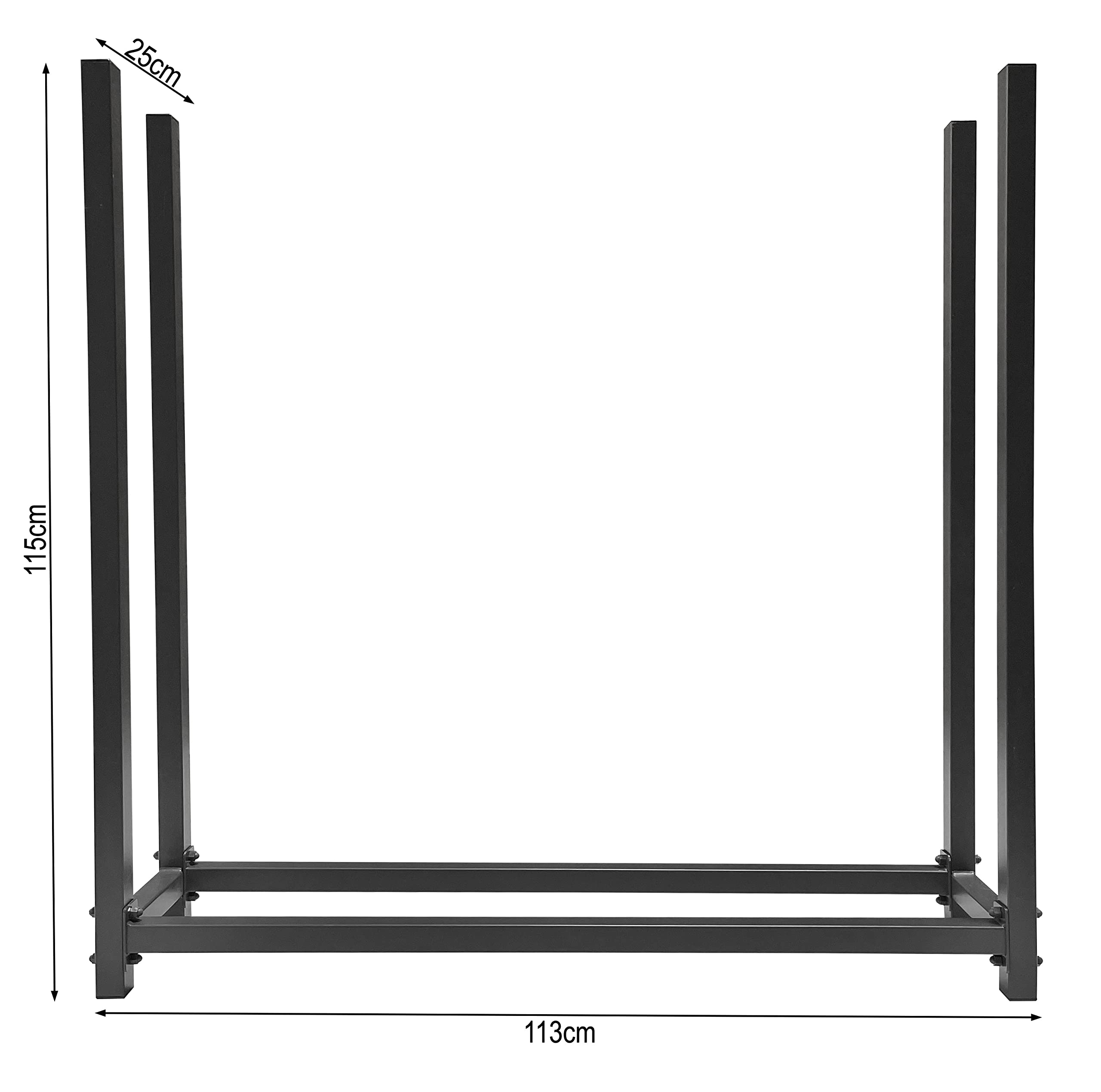 Support de stockage de bois de chauffage en métal noir avec dimensions.