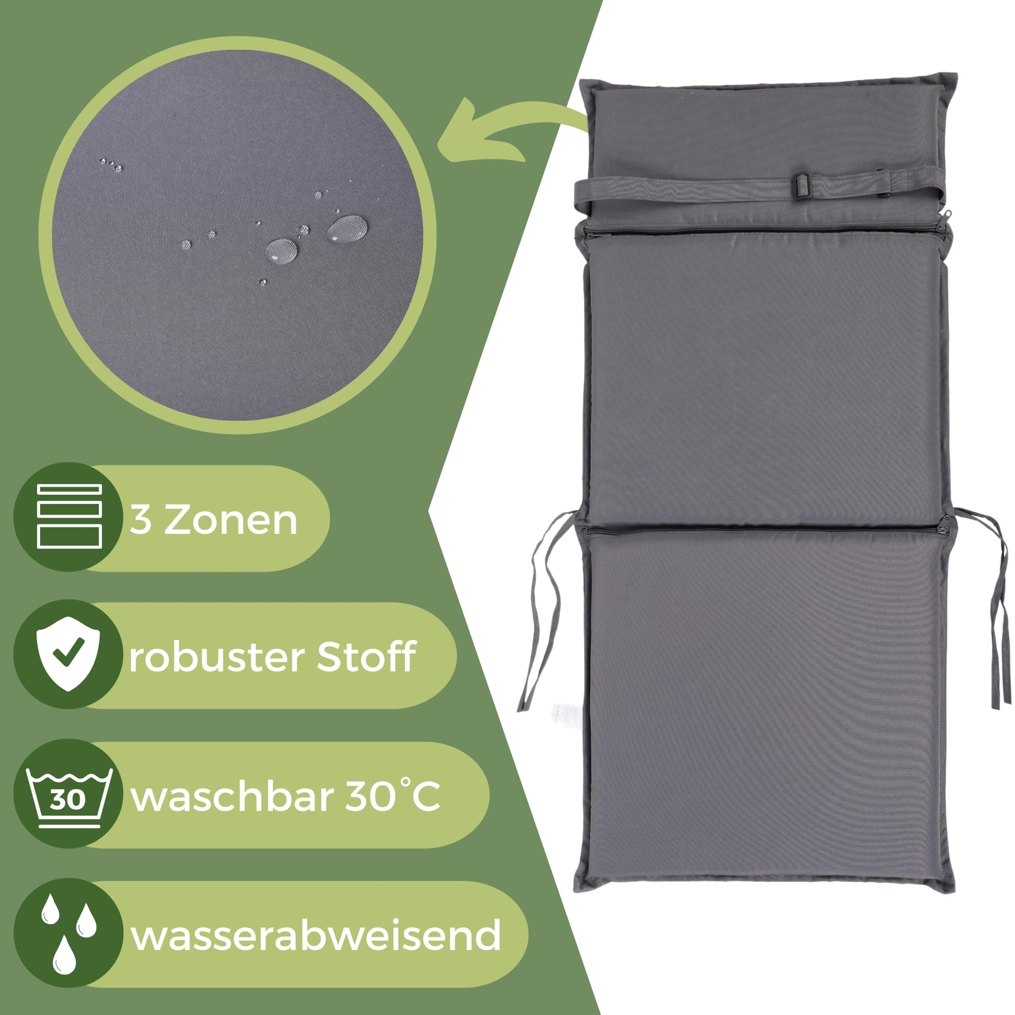 Graues, 3-zoniges Outdoor-Sitzkissen, robust, waschbar bei 30°C und wasserabweisend.
