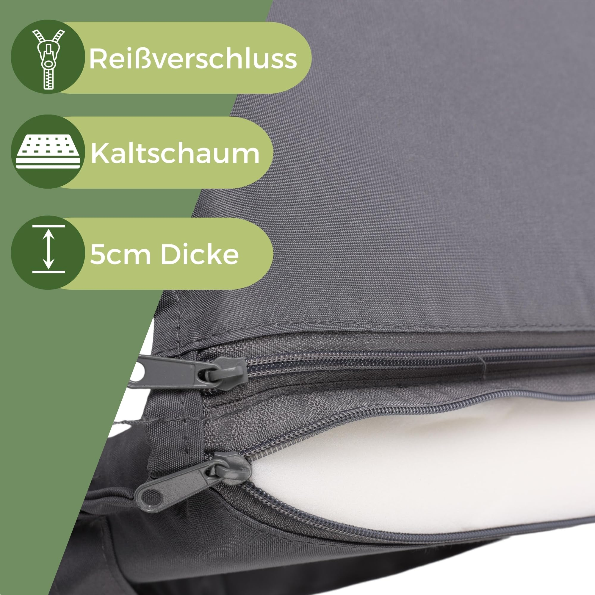 Grauer Kissenbezug mit Reißverschluss, Kaltschaum und 5cm Dicke.