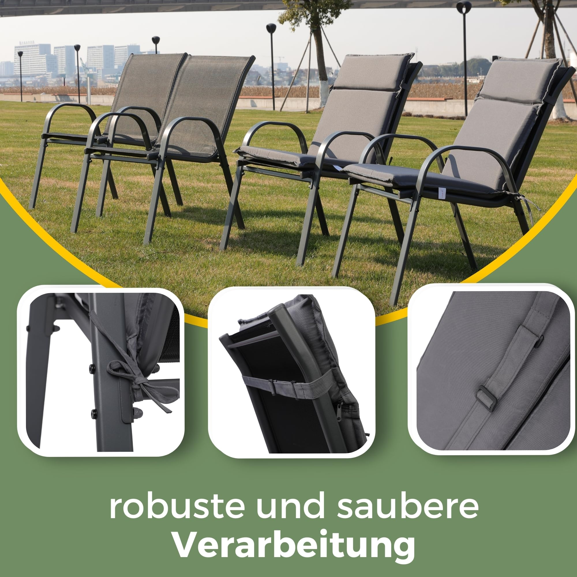 Vier graue Gartenstühle auf Rasen, mit drei Detailausschnitten und deutschem Text unten.