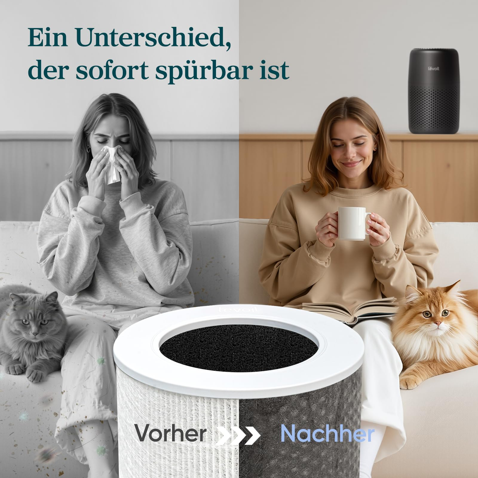 Vergleich: Links kranke Frau mit Katze im grauen Raum, rechts gesunde Frau mit Katze, Buch und Luftreiniger.