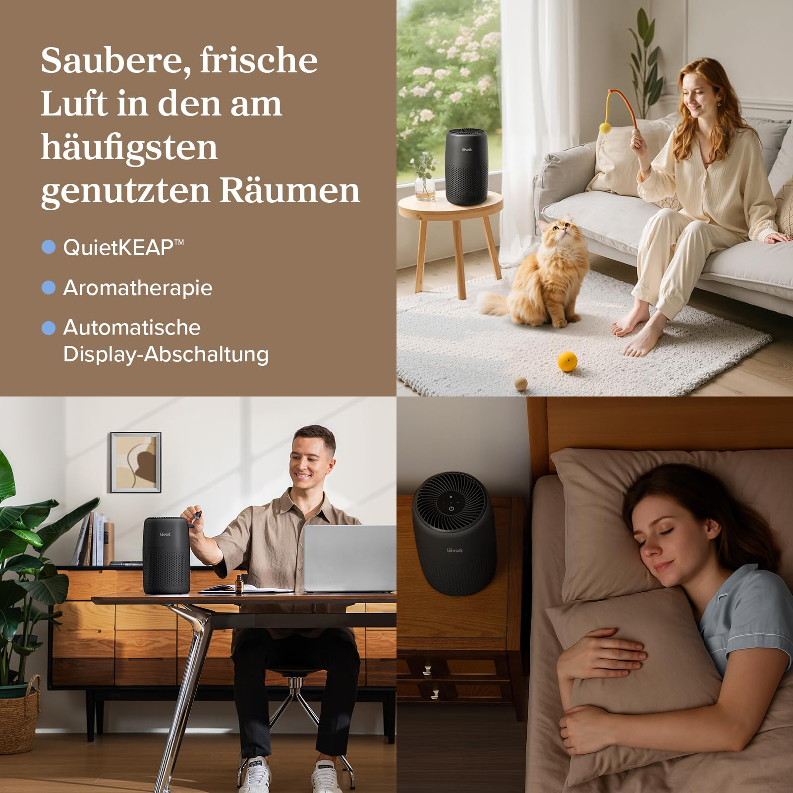 Eine Collage zeigt einen schwarzen Luftreiniger in verschiedenen Wohnräumen mit deutschem Text links.