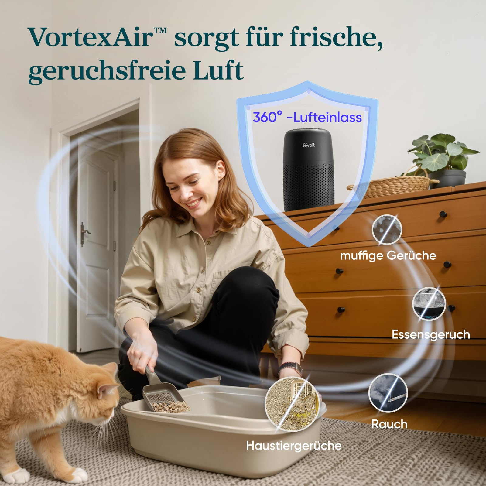 Eine Frau reinigt ein Katzenklo neben einer Katze, mit Grafiken für Luftreiniger und Geruchssymbole.