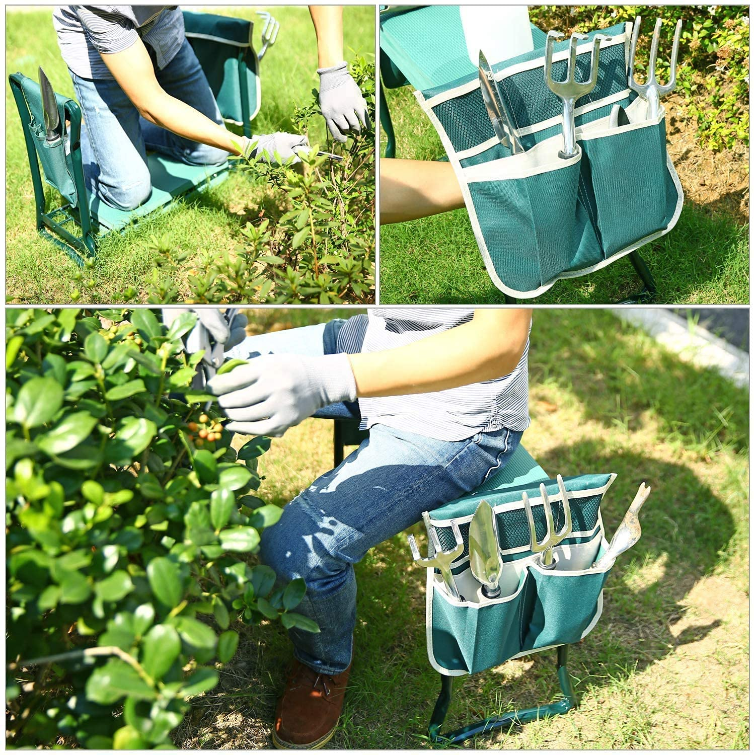 Personne utilisant un tabouret de jardinage vert avec des outils.