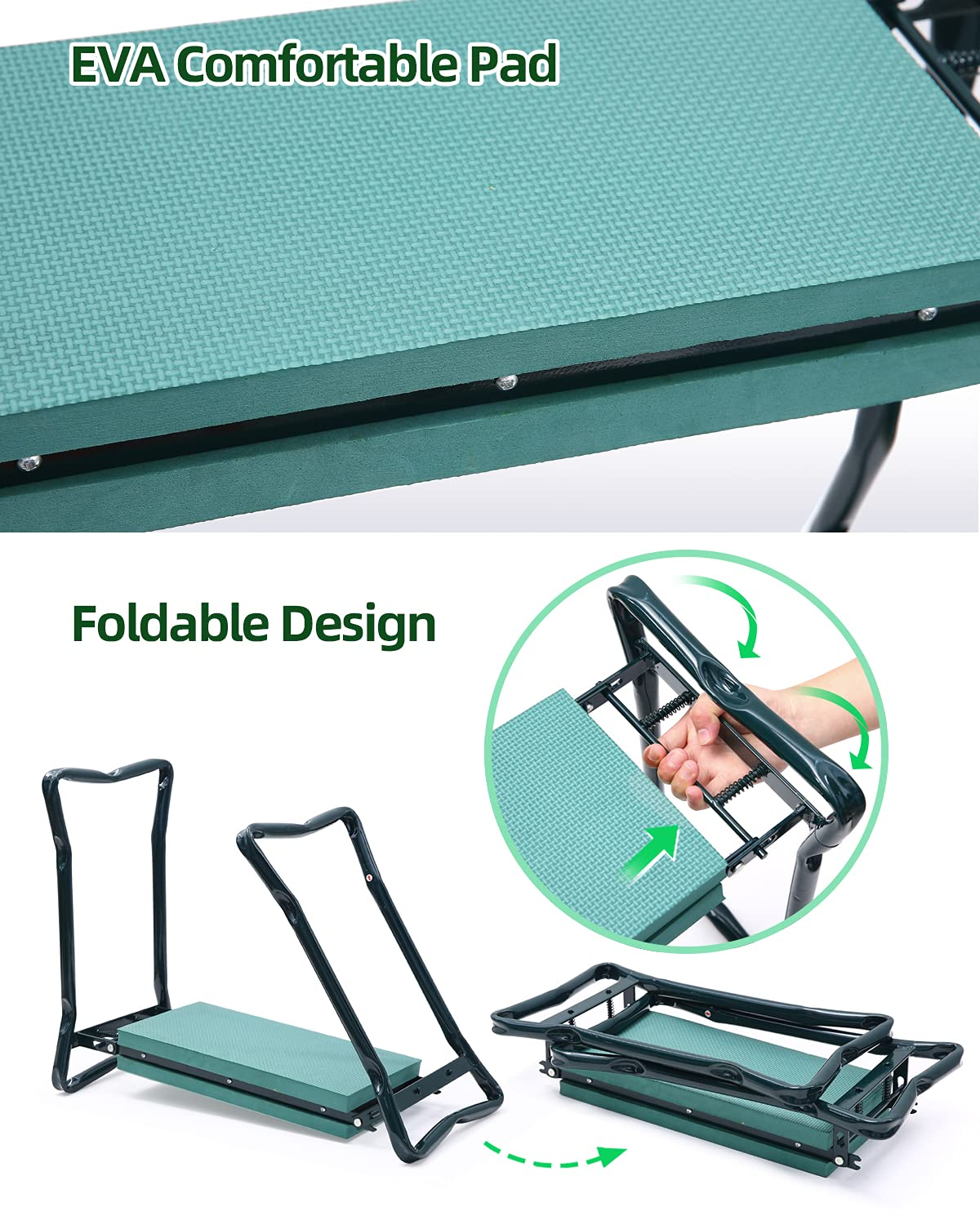 Un gros plan montre un coussin en EVA vert et une autre section illustre une conception pliable avec un cadre en métal.