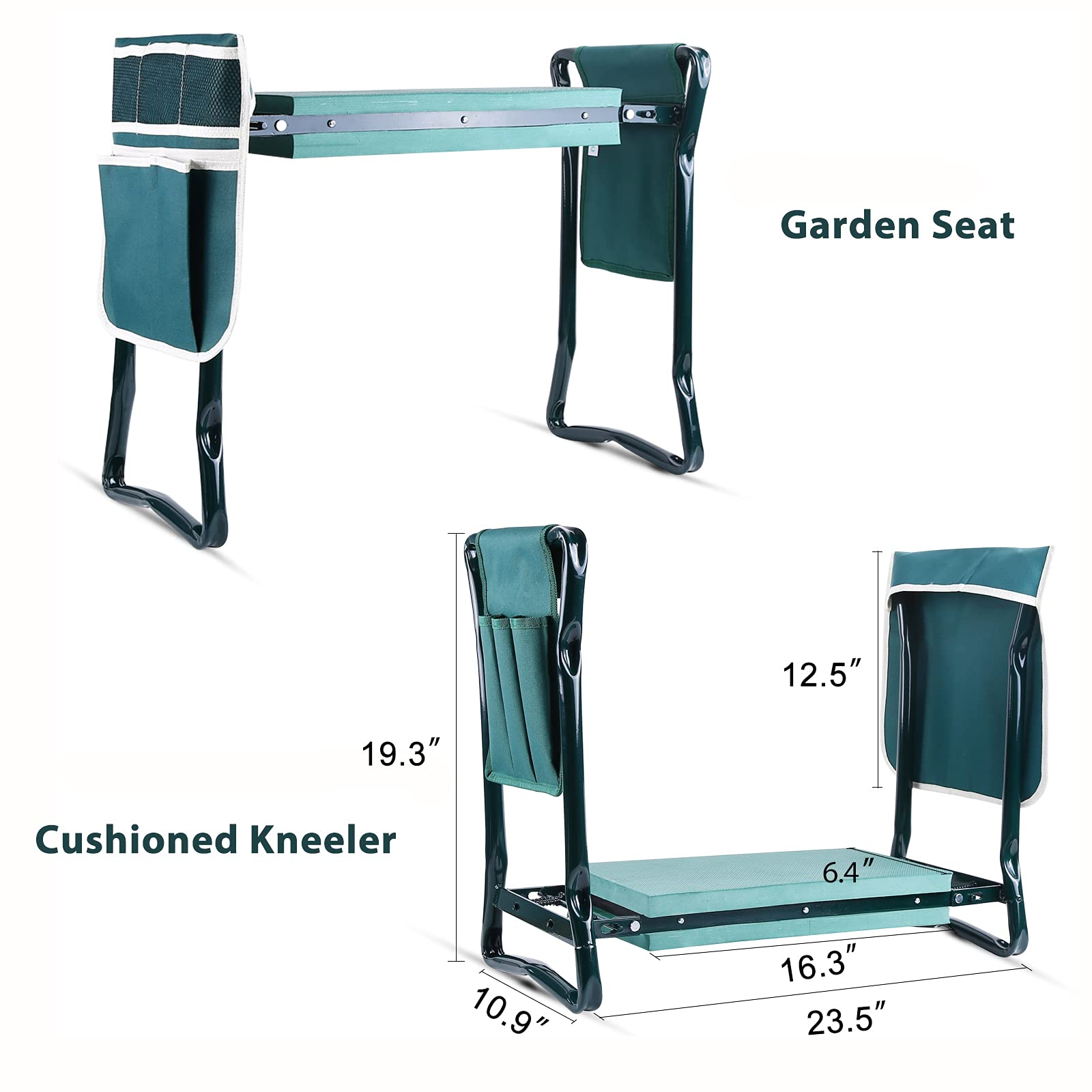 Siège de jardin vert et genouillère avec dimensions et sacoches.