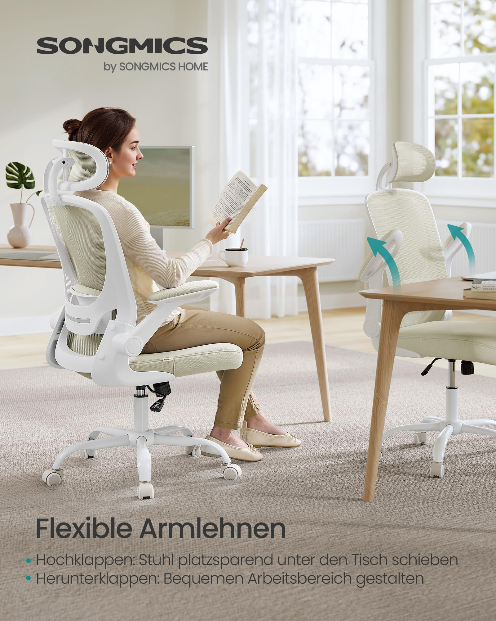 Une femme assise sur une chaise de bureau ergonomique blanche lit un livre dans une pièce lumineuse.