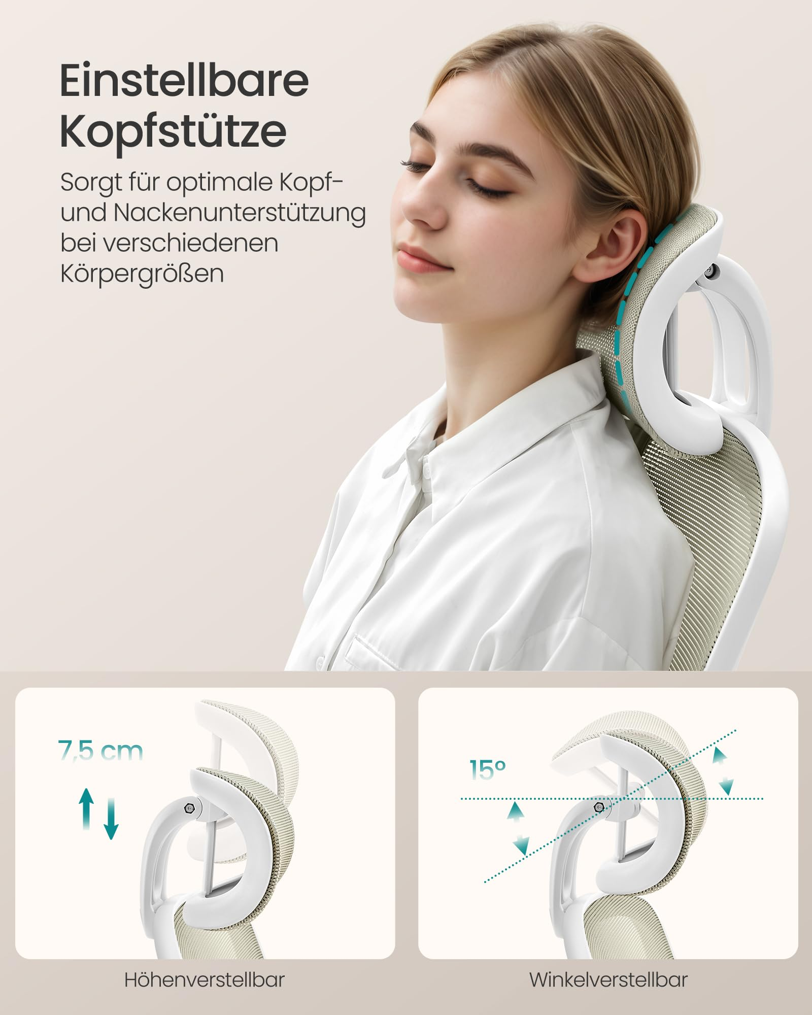 Une femme se détend sur une chaise ergonomique avec têtière réglable.