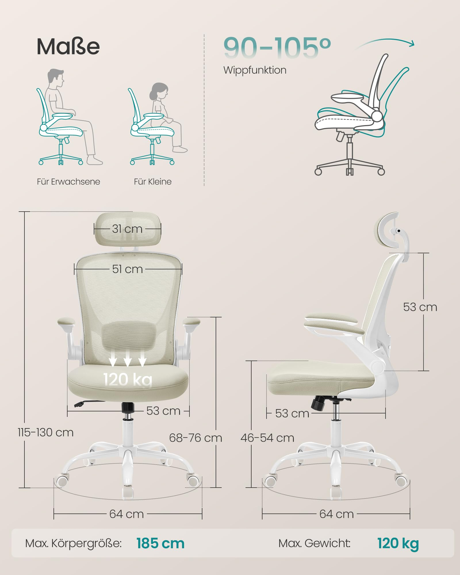 Dessin technique montrant les dimensions et caractéristiques d'une chaise de bureau.