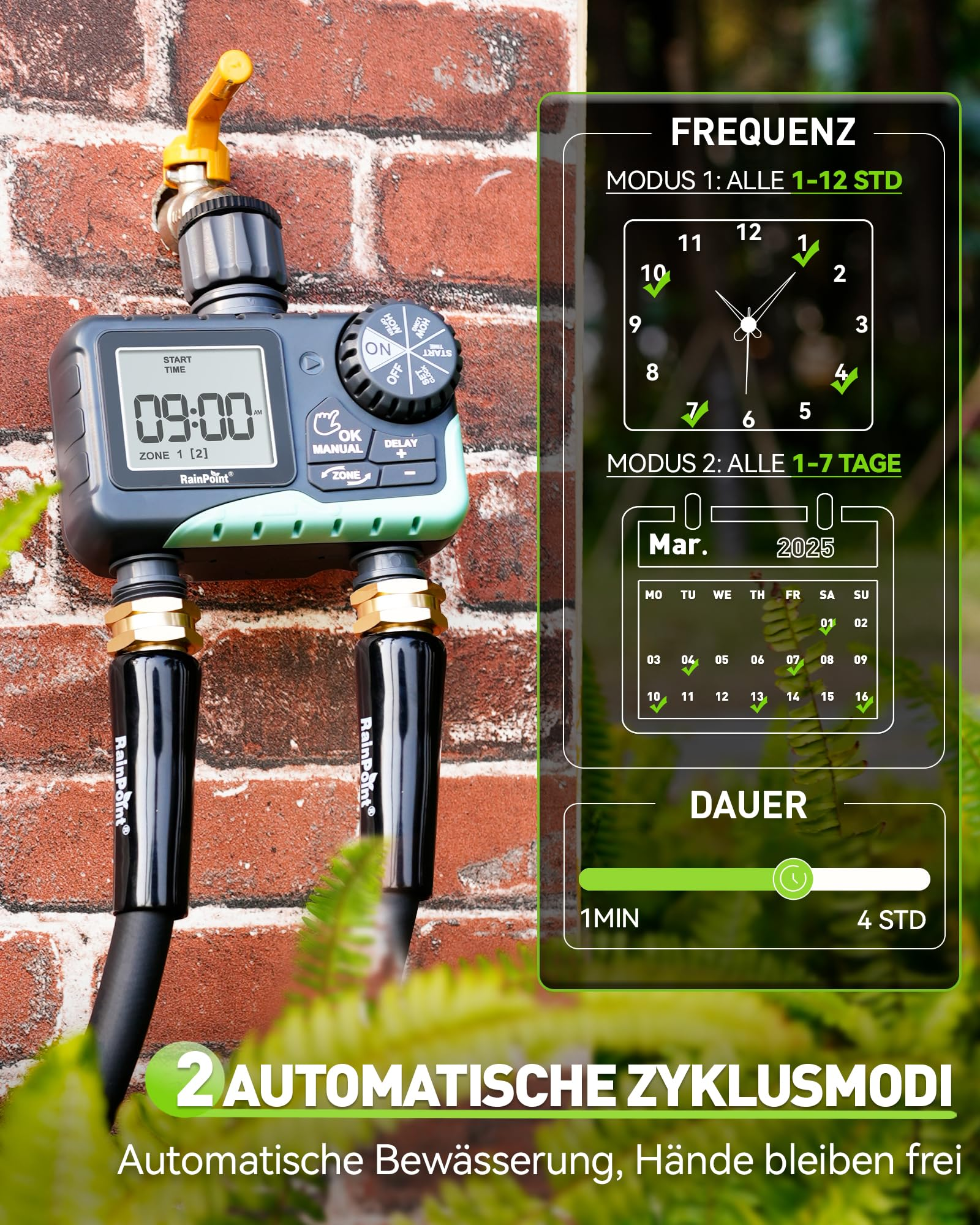 RegenPoint Bewässerungscomputer mit zwei Zonen und Display, montiert an einer Backsteinwand mit Grafiken zu den Modi.